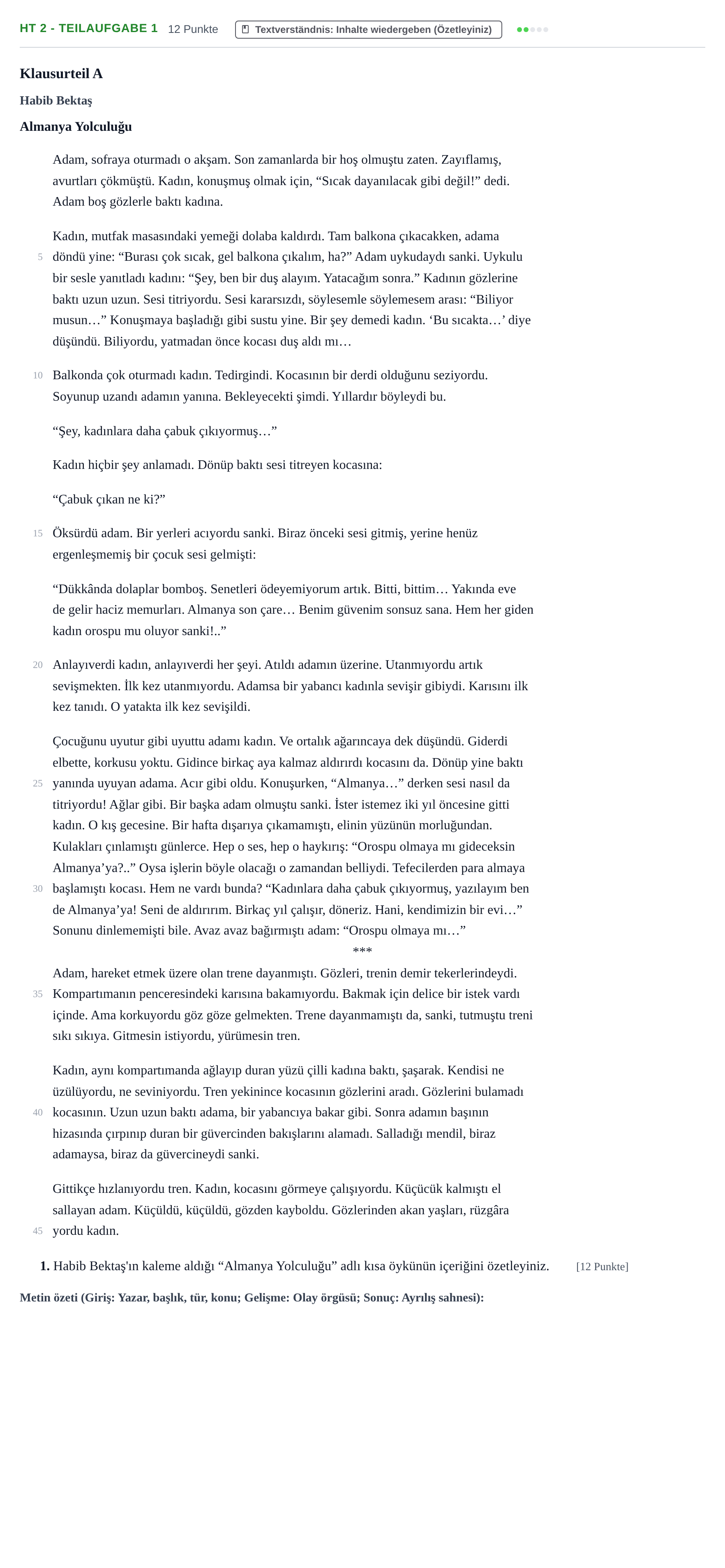 Aufgabenstellung: Aufgabe HT 2 - Teilaufgabe 1 · Abitur NRW Türkisch GK · Haupttermin · fortgeführt 2022