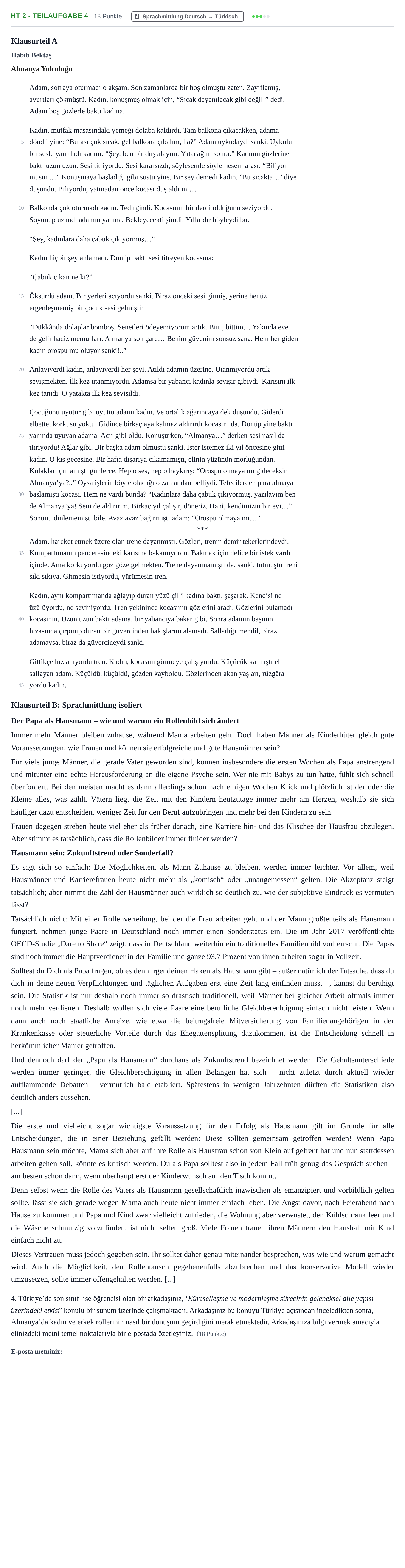 Aufgabenstellung: Aufgabe HT 2 - Teilaufgabe 4 · Abitur NRW Türkisch GK · Haupttermin · fortgeführt 2022