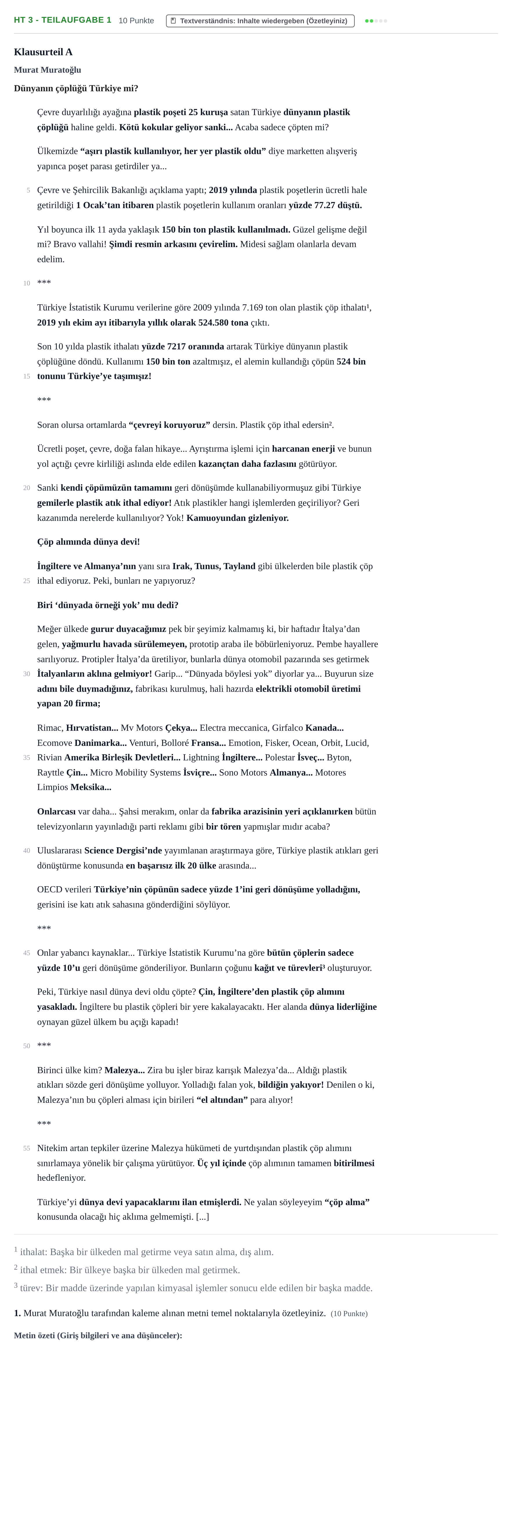 Aufgabenstellung: Aufgabe HT 3 - Teilaufgabe 1 · Abitur NRW Türkisch GK · Haupttermin · fortgeführt 2022