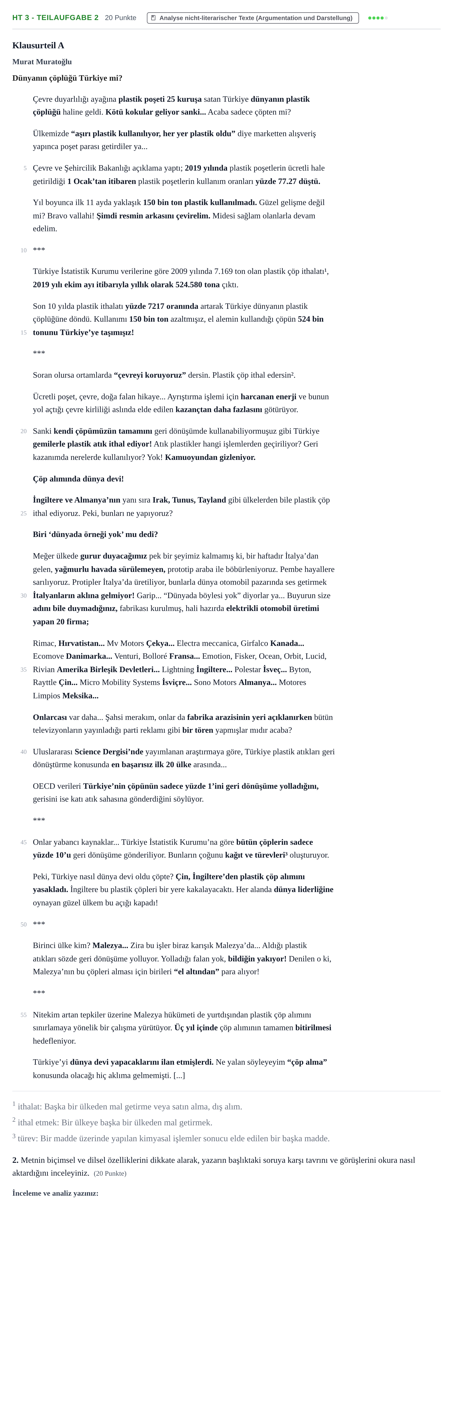Aufgabenstellung: Aufgabe HT 3 - Teilaufgabe 2 · Abitur NRW Türkisch GK · Haupttermin · fortgeführt 2022