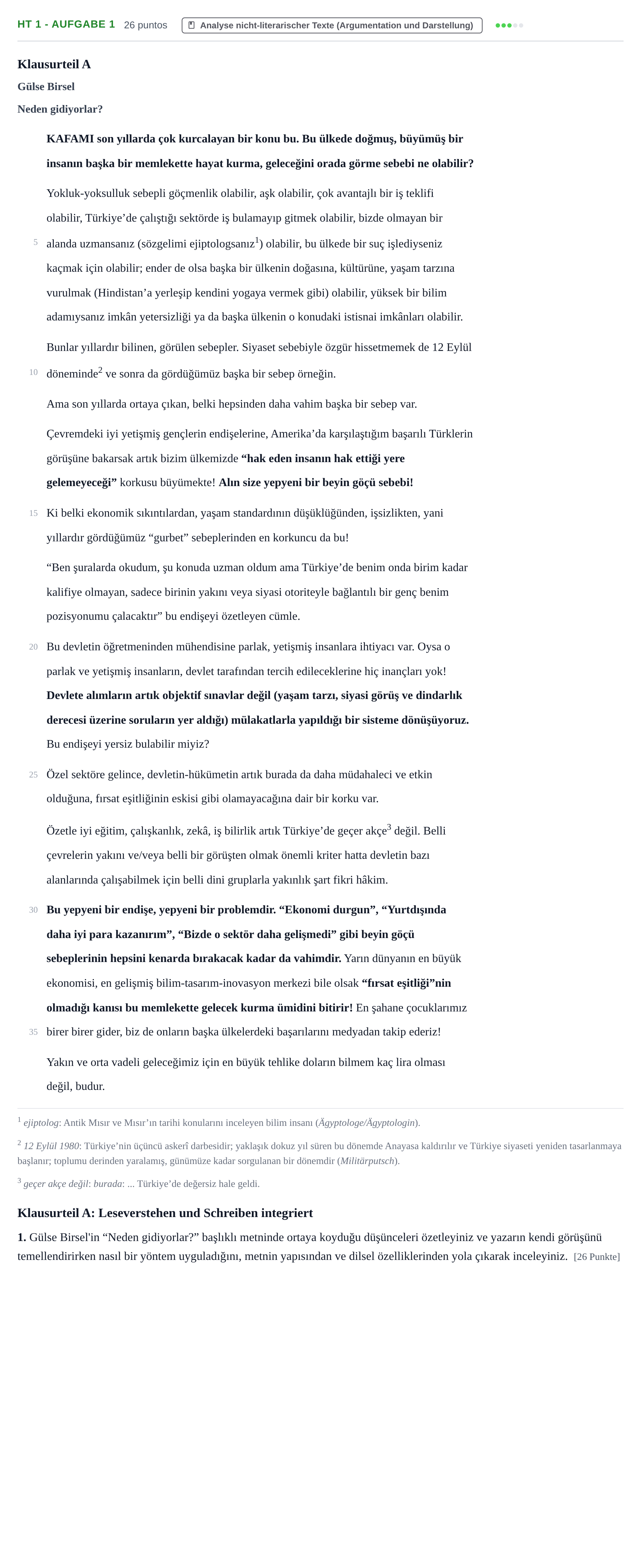 Aufgabenstellung: Aufgabe HT 1 - Aufgabe 1 · Abitur NRW Türkisch GK · Haupttermin · neu einsetzend 2022