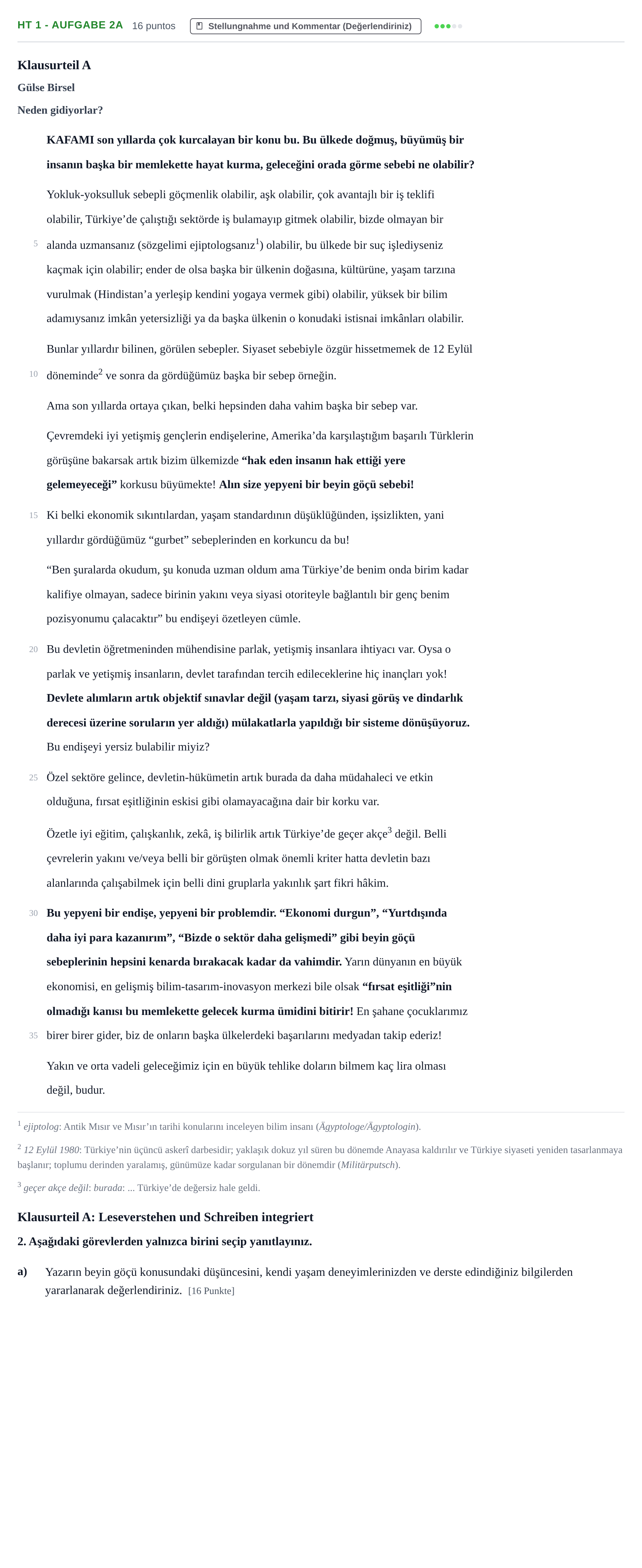 Aufgabenstellung: Aufgabe HT 1 - Aufgabe 2a · Abitur NRW Türkisch GK · Haupttermin · neu einsetzend 2022