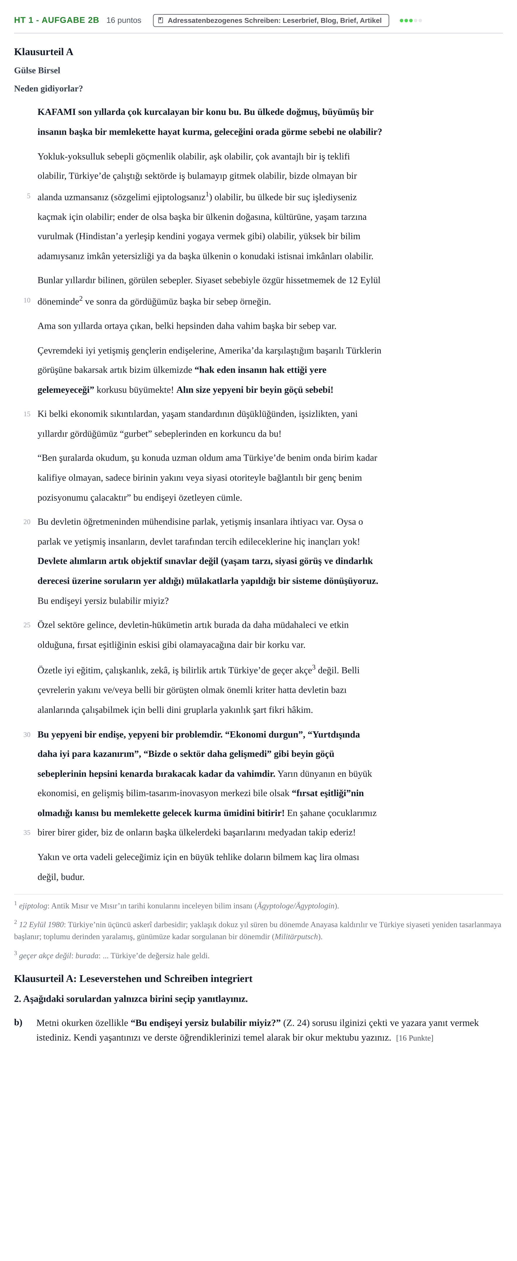 Aufgabenstellung: Aufgabe HT 1 - Aufgabe 2b · Abitur NRW Türkisch GK · Haupttermin · neu einsetzend 2022