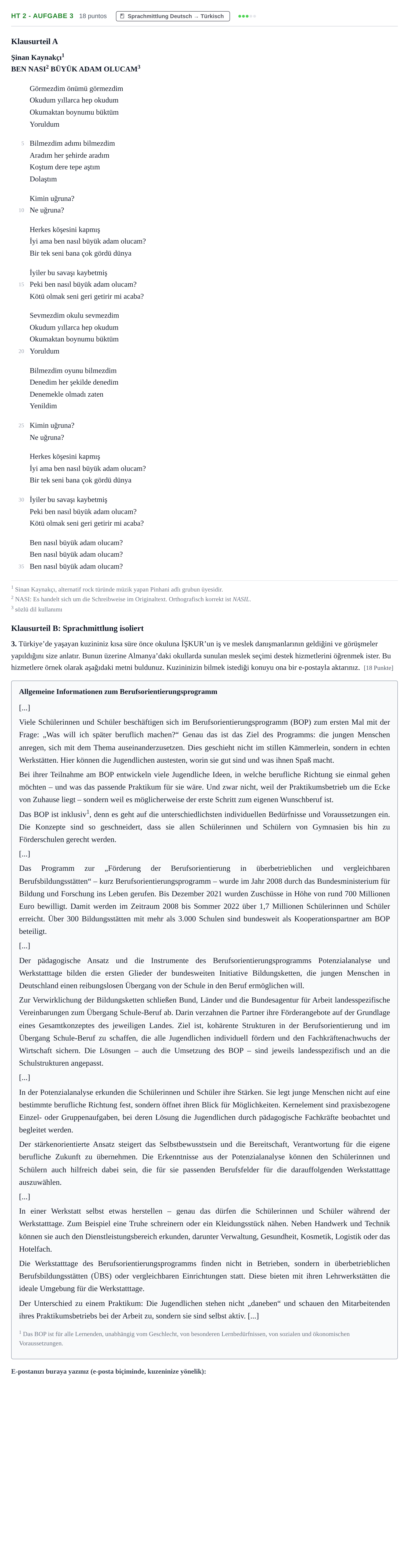 Aufgabenstellung: Aufgabe HT 2 - Aufgabe 3 · Abitur NRW Türkisch GK · Haupttermin · neu einsetzend 2022