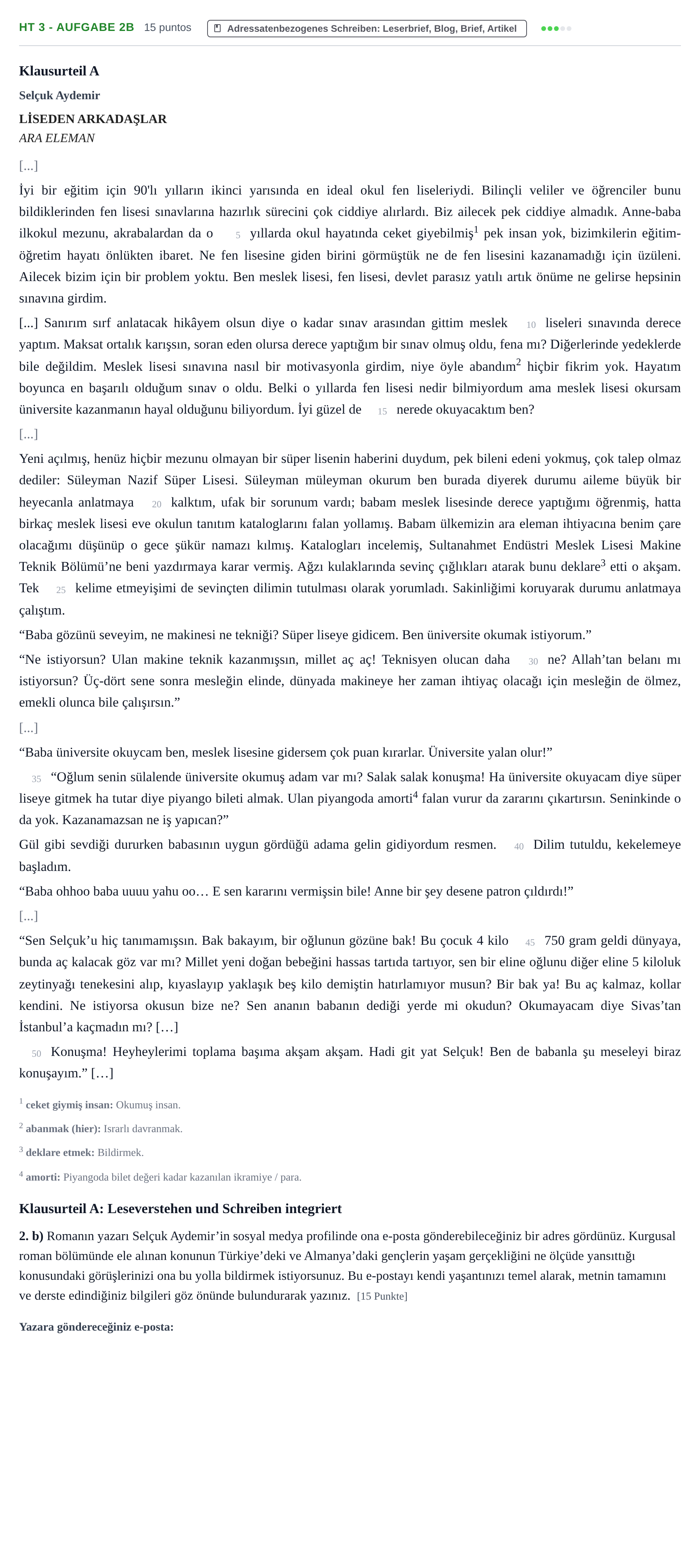 Aufgabenstellung: Aufgabe HT 3 - Aufgabe 2b · Abitur NRW Türkisch GK · Haupttermin · neu einsetzend 2022