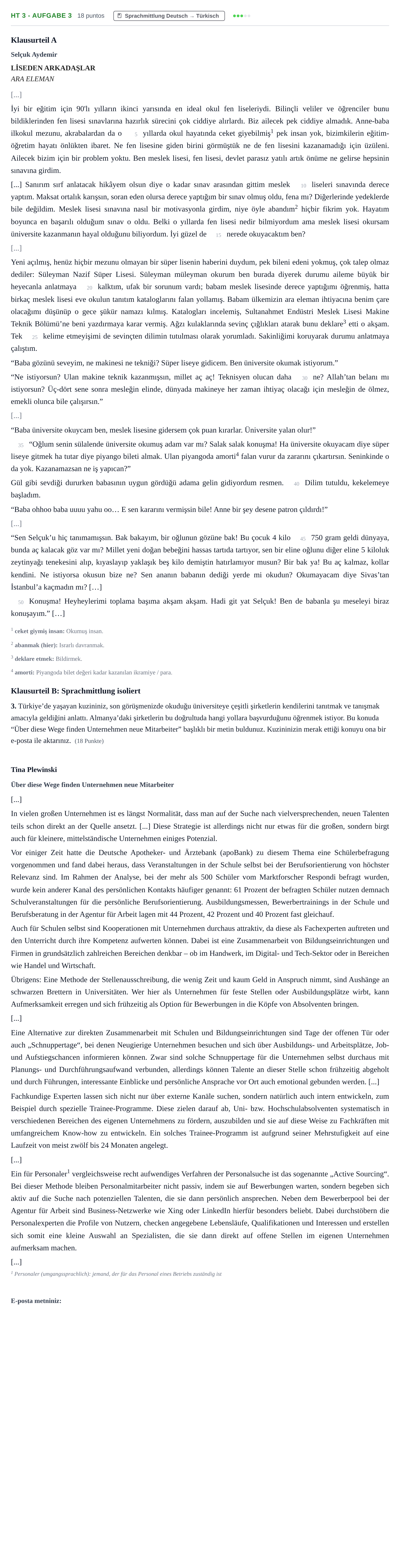 Aufgabenstellung: Aufgabe HT 3 - Aufgabe 3 · Abitur NRW Türkisch GK · Haupttermin · neu einsetzend 2022