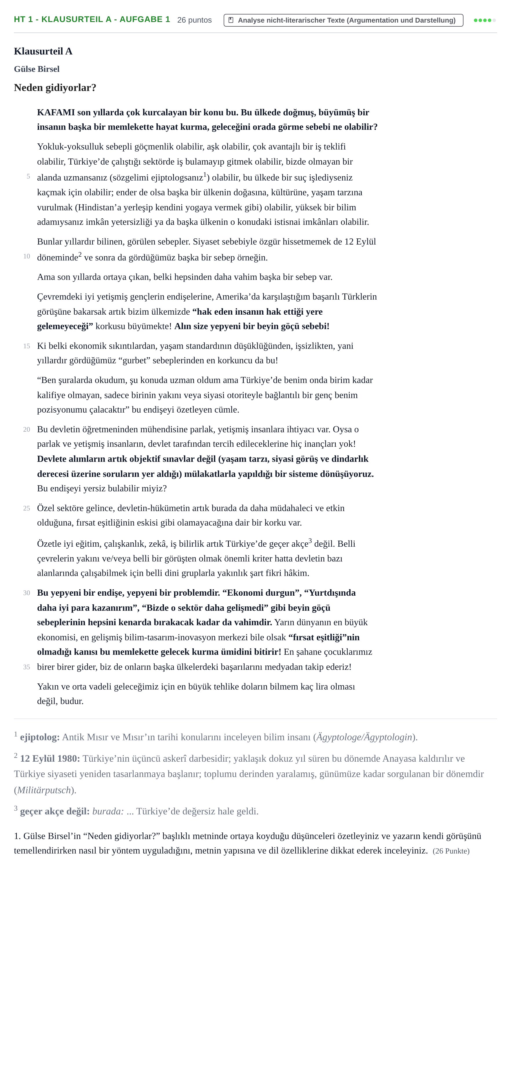 Aufgabenstellung: Aufgabe HT 1 - Klausurteil A - Aufgabe 1 · Abitur NRW Türkisch GK · Haupttermin · neu einsetzend · Weit 2022