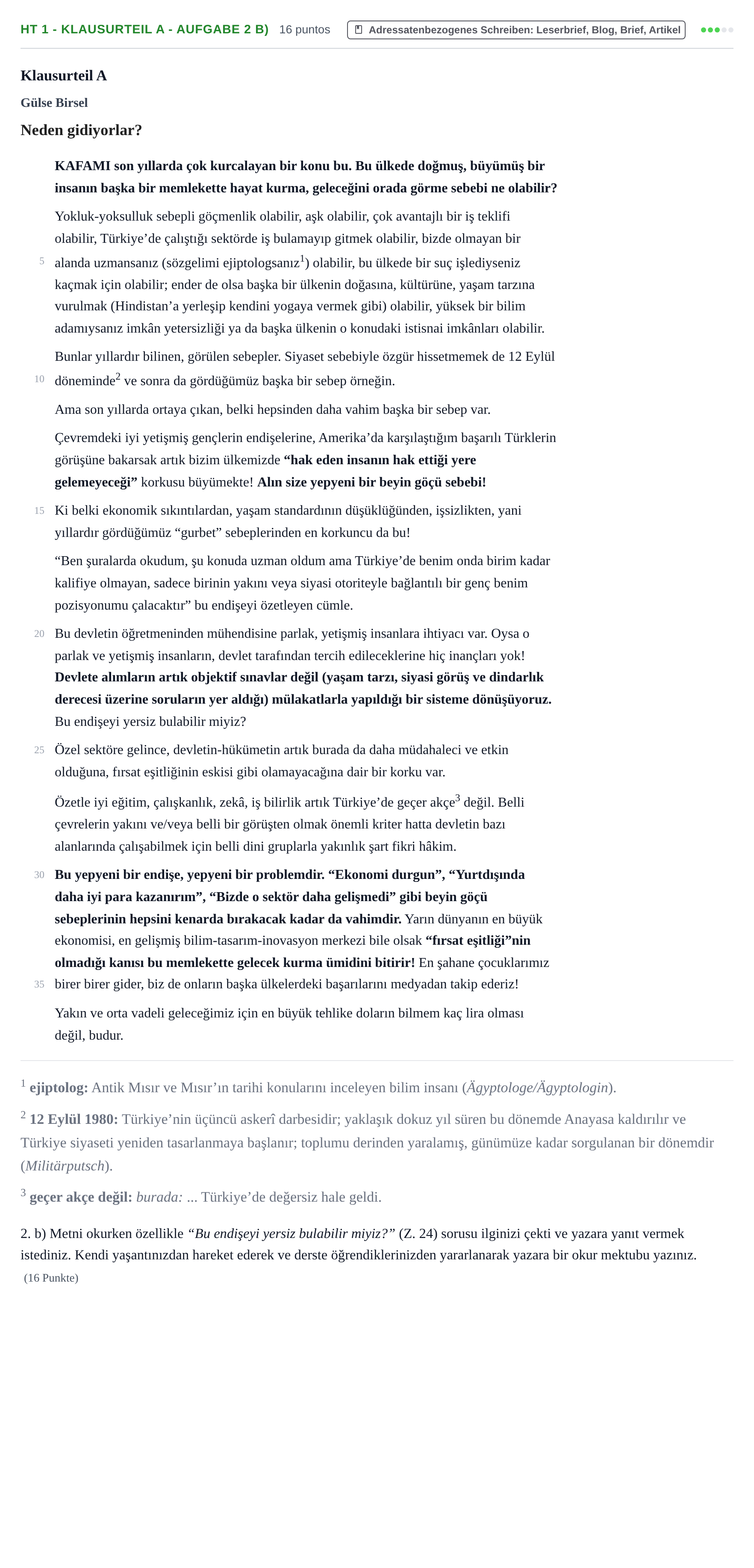 Aufgabenstellung: Aufgabe HT 1 - Klausurteil A - Aufgabe 2 b) · Abitur NRW Türkisch GK · Haupttermin · neu einsetzend · Weit 2022