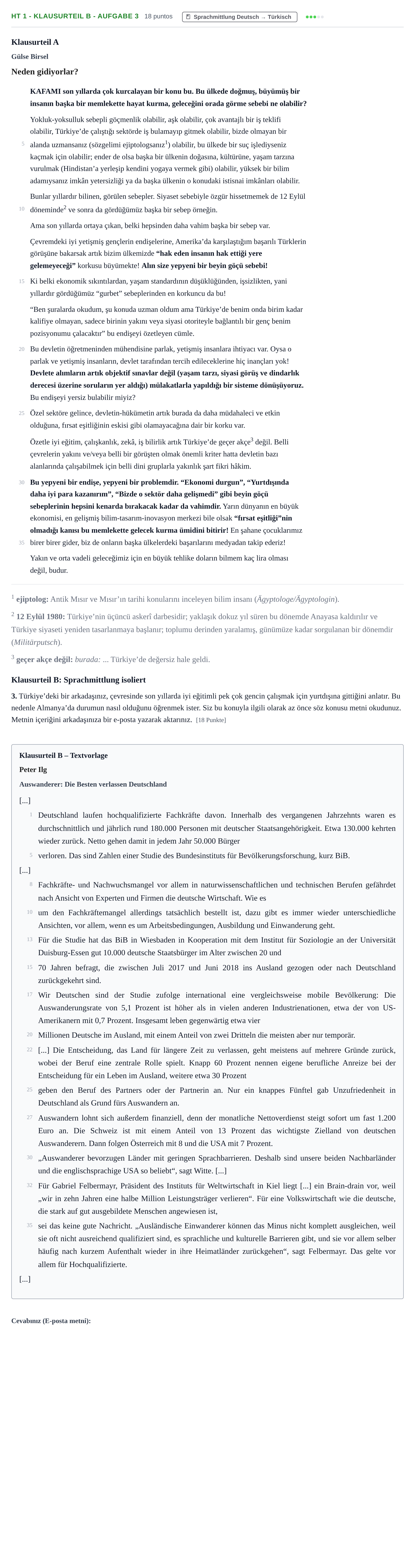 Aufgabenstellung: Aufgabe HT 1 - Klausurteil B - Aufgabe 3 · Abitur NRW Türkisch GK · Haupttermin · neu einsetzend · Weit 2022