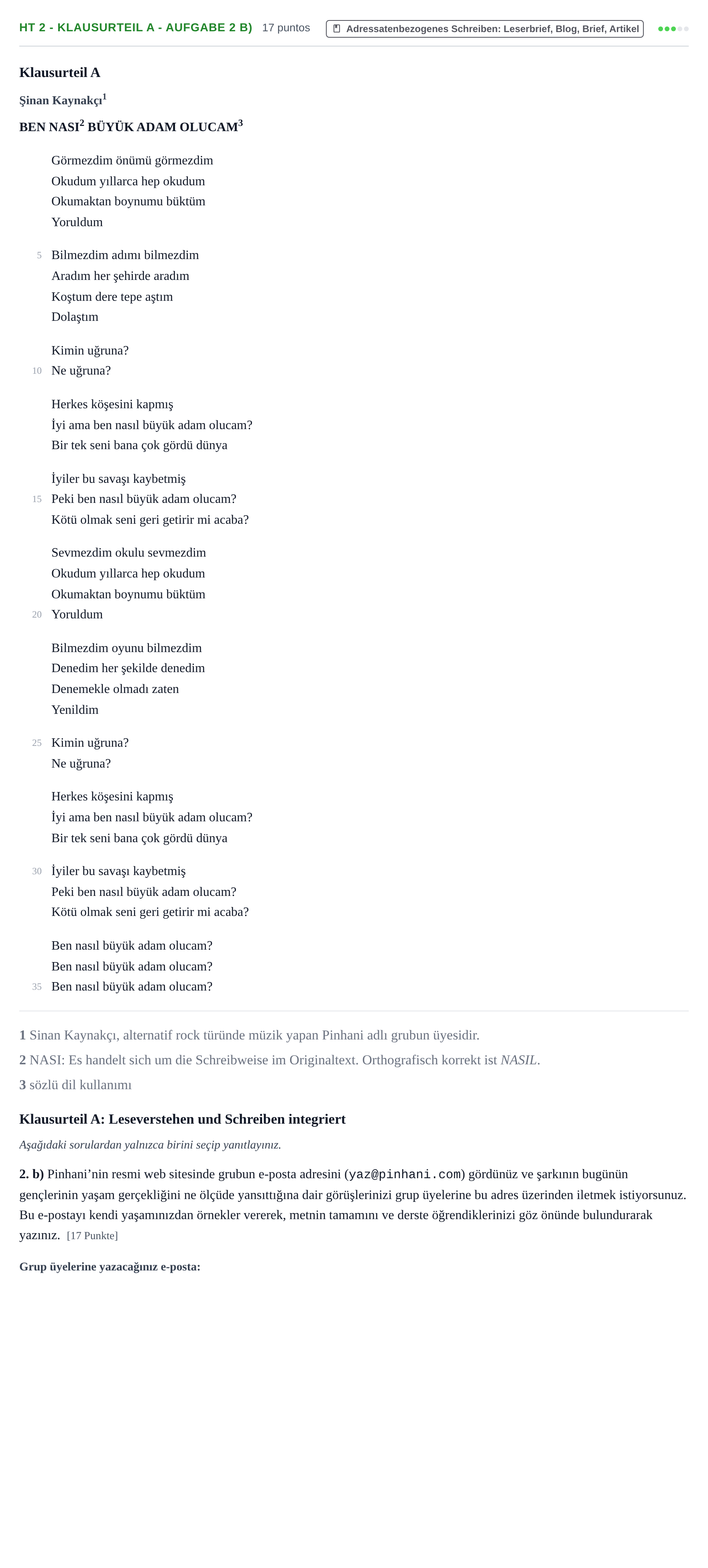 Aufgabenstellung: Aufgabe HT 2 - Klausurteil A - Aufgabe 2 b) · Abitur NRW Türkisch GK · Haupttermin · neu einsetzend · Weit 2022