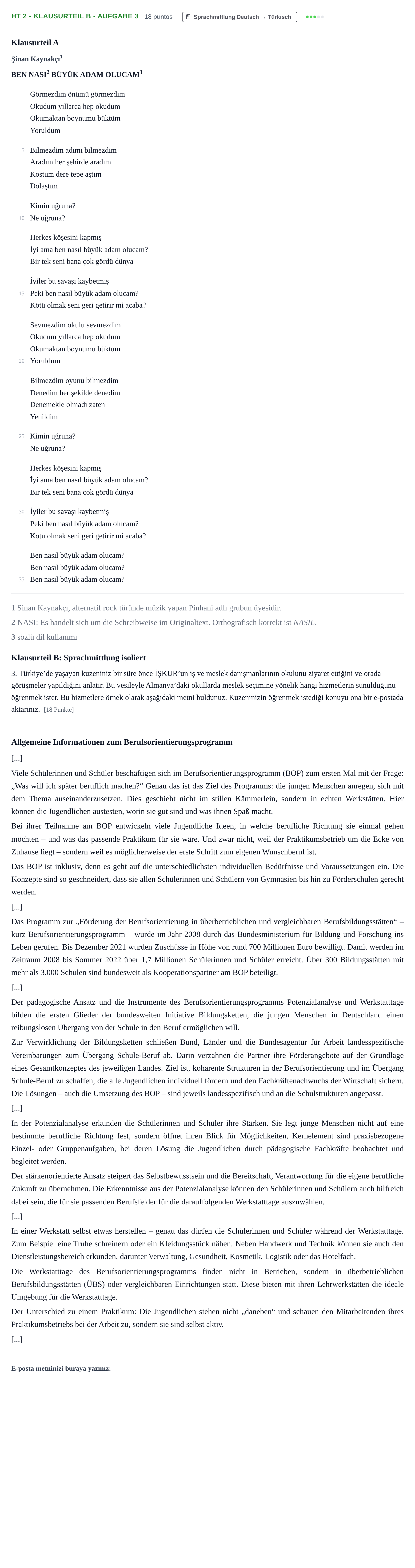 Aufgabenstellung: Aufgabe HT 2 - Klausurteil B - Aufgabe 3 · Abitur NRW Türkisch GK · Haupttermin · neu einsetzend · Weit 2022