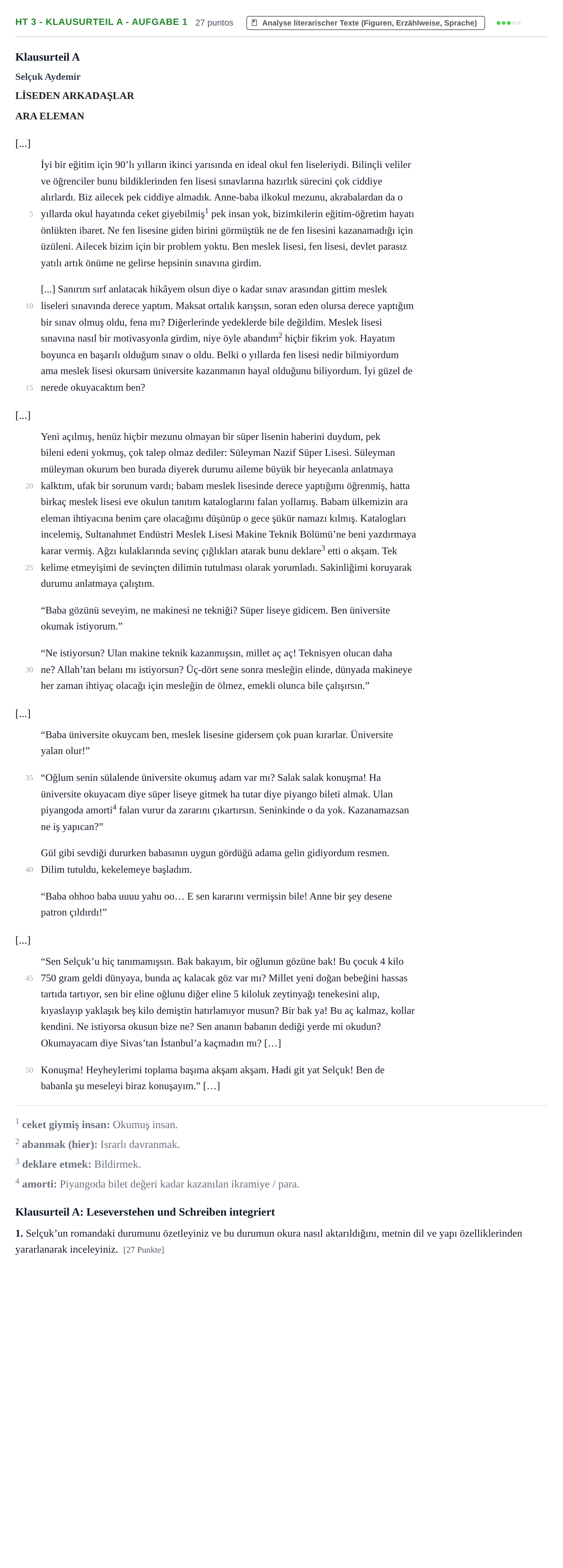 Aufgabenstellung: Aufgabe HT 3 - Klausurteil A - Aufgabe 1 · Abitur NRW Türkisch GK · Haupttermin · neu einsetzend · Weit 2022