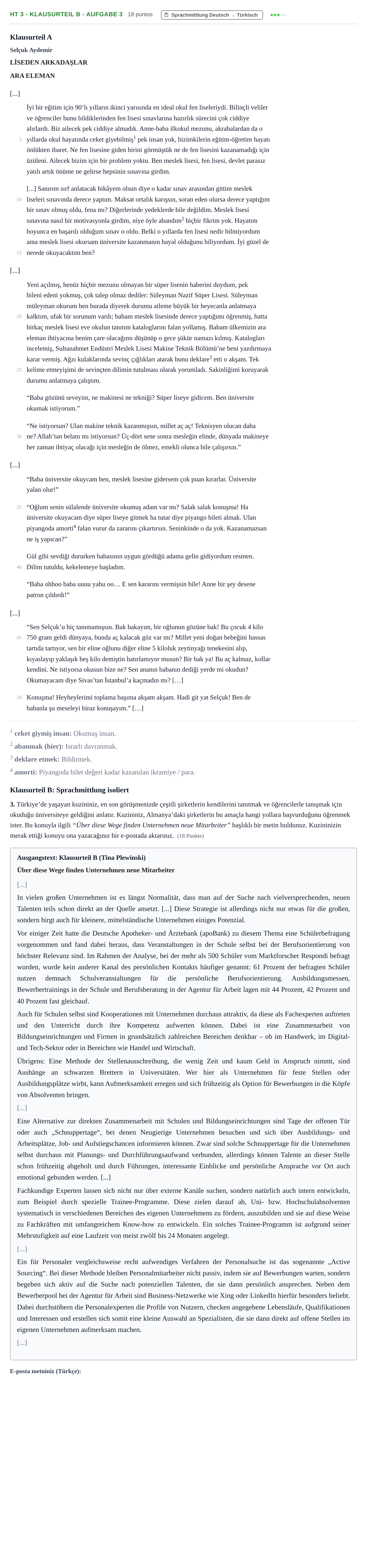 Aufgabenstellung: Aufgabe HT 3 - Klausurteil B - Aufgabe 3 · Abitur NRW Türkisch GK · Haupttermin · neu einsetzend · Weit 2022