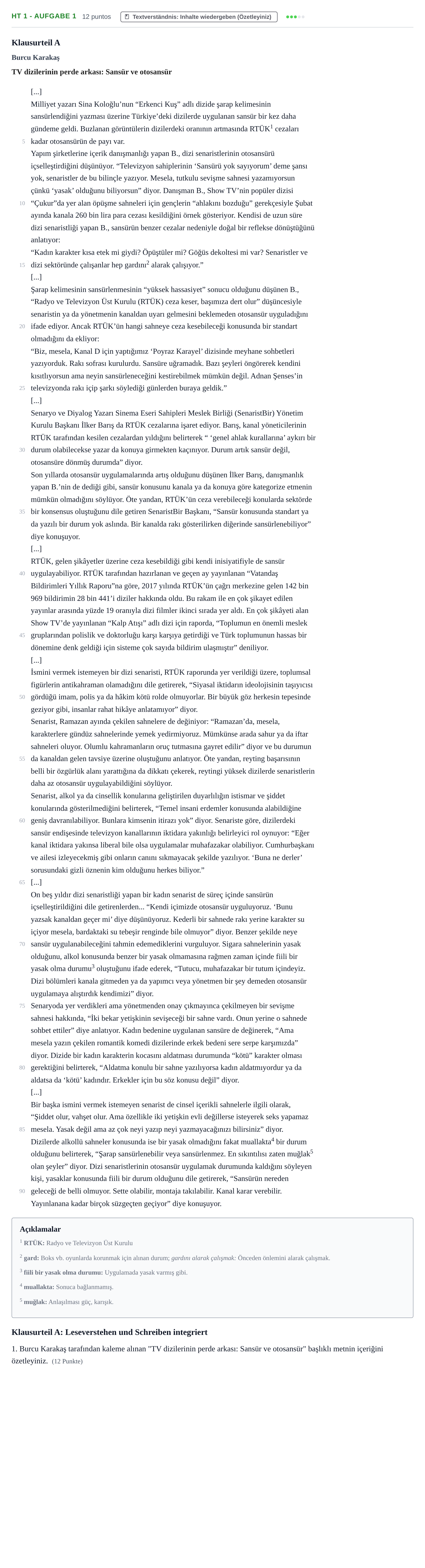 Aufgabenstellung: Aufgabe HT 1 - Aufgabe 1 · Abitur NRW Türkisch LK · Haupttermin · fortgeführt 2022
