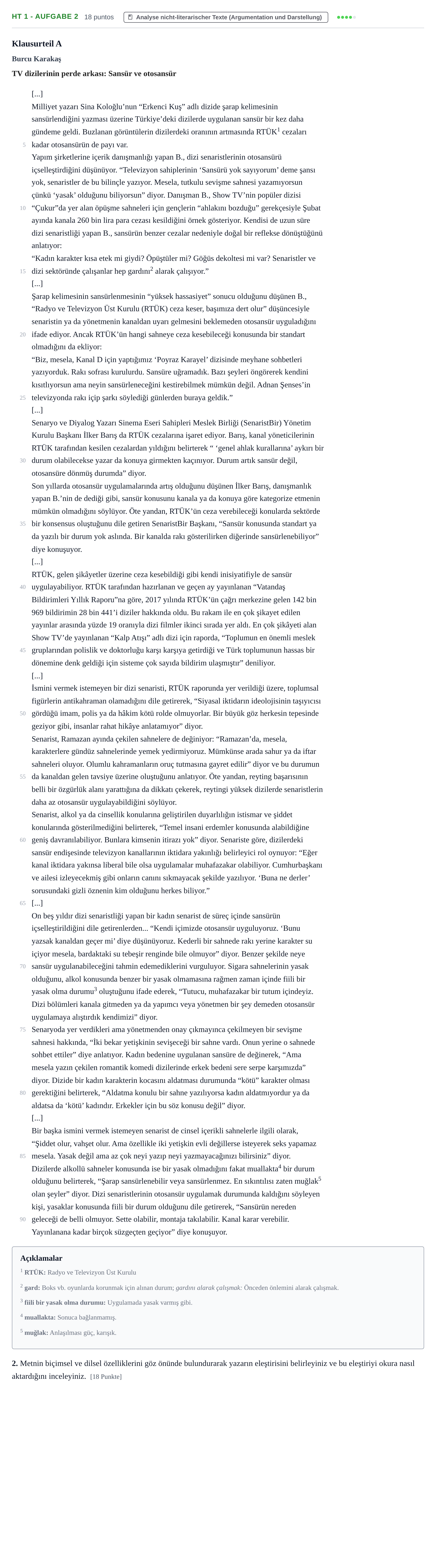 Aufgabenstellung: Aufgabe HT 1 - Aufgabe 2 · Abitur NRW Türkisch LK · Haupttermin · fortgeführt 2022