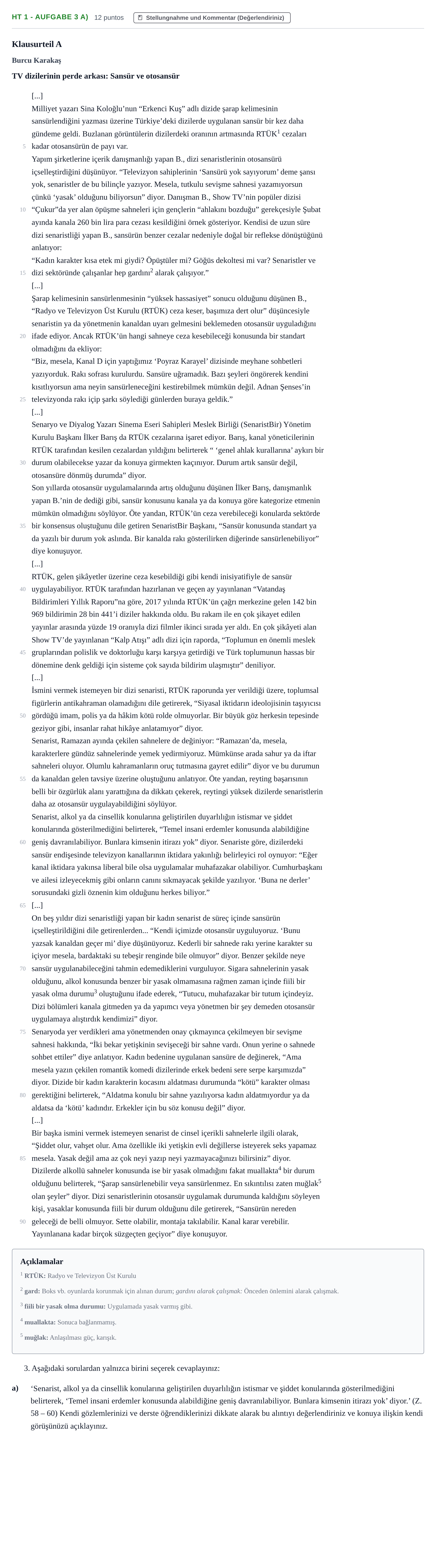 Aufgabenstellung: Aufgabe HT 1 - Aufgabe 3 a) · Abitur NRW Türkisch LK · Haupttermin · fortgeführt 2022