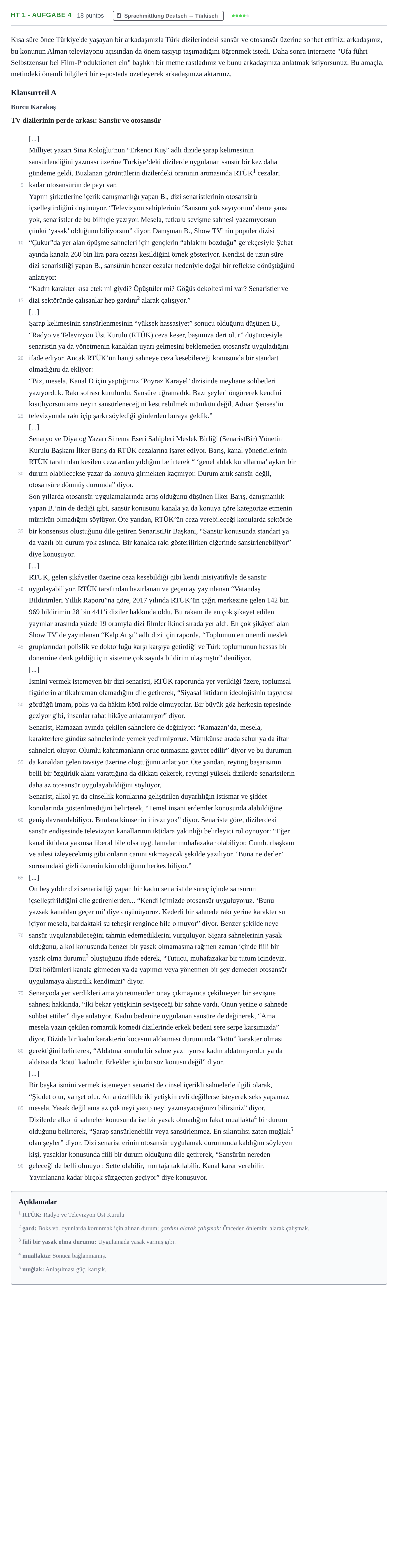 Aufgabenstellung: Aufgabe HT 1 - Aufgabe 4 · Abitur NRW Türkisch LK · Haupttermin · fortgeführt 2022