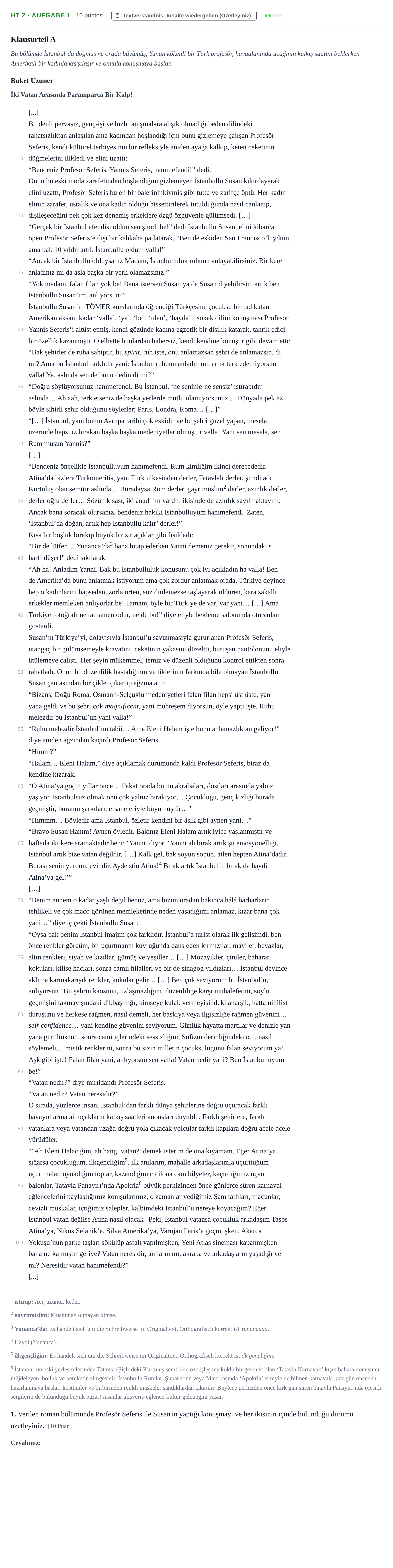 Aufgabenstellung: Aufgabe HT 2 - Aufgabe 1 · Abitur NRW Türkisch LK · Haupttermin · fortgeführt 2022