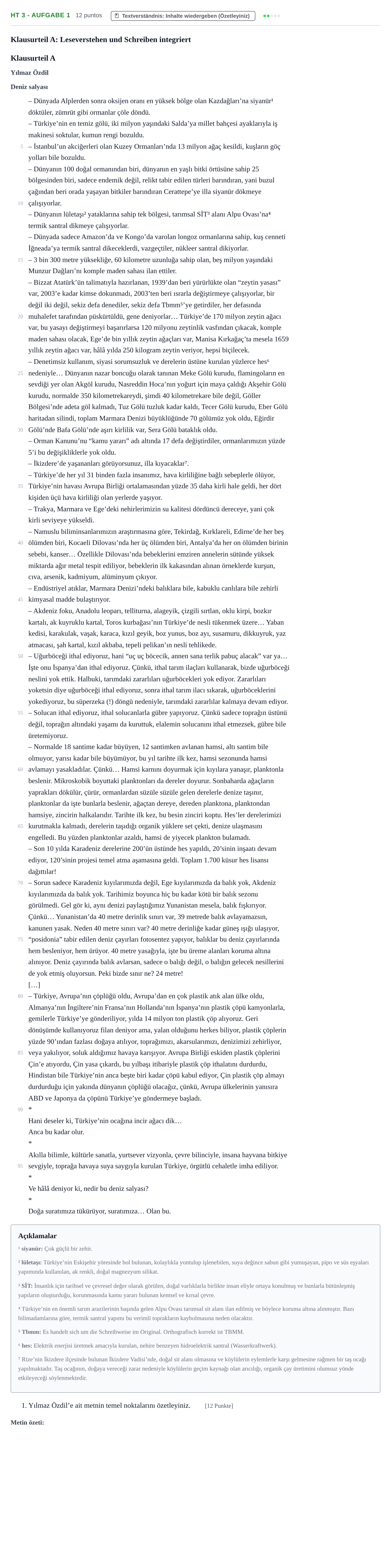 Aufgabenstellung: Aufgabe HT 3 - Aufgabe 1 · Abitur NRW Türkisch LK · Haupttermin · fortgeführt 2022