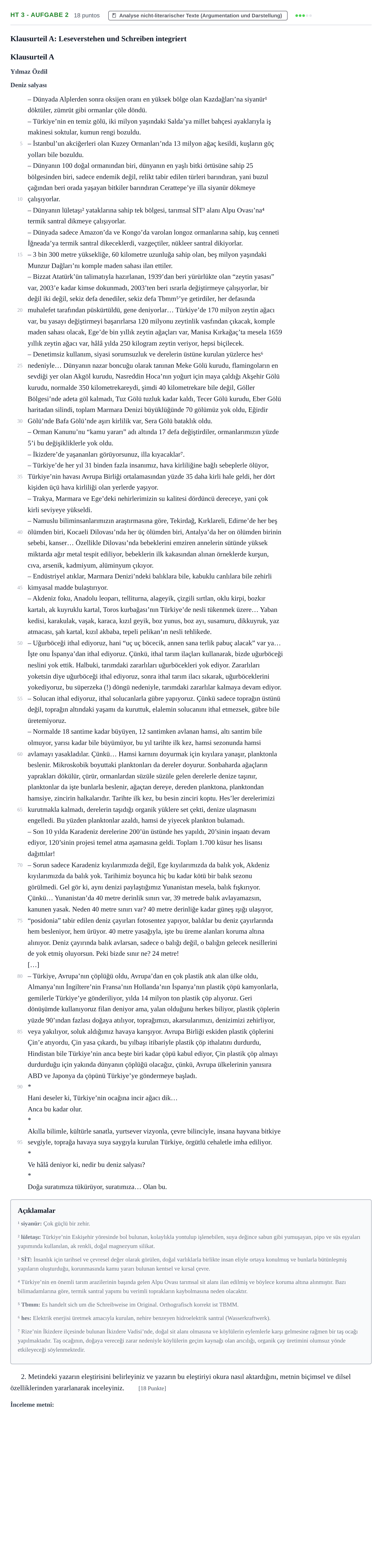 Aufgabenstellung: Aufgabe HT 3 - Aufgabe 2 · Abitur NRW Türkisch LK · Haupttermin · fortgeführt 2022