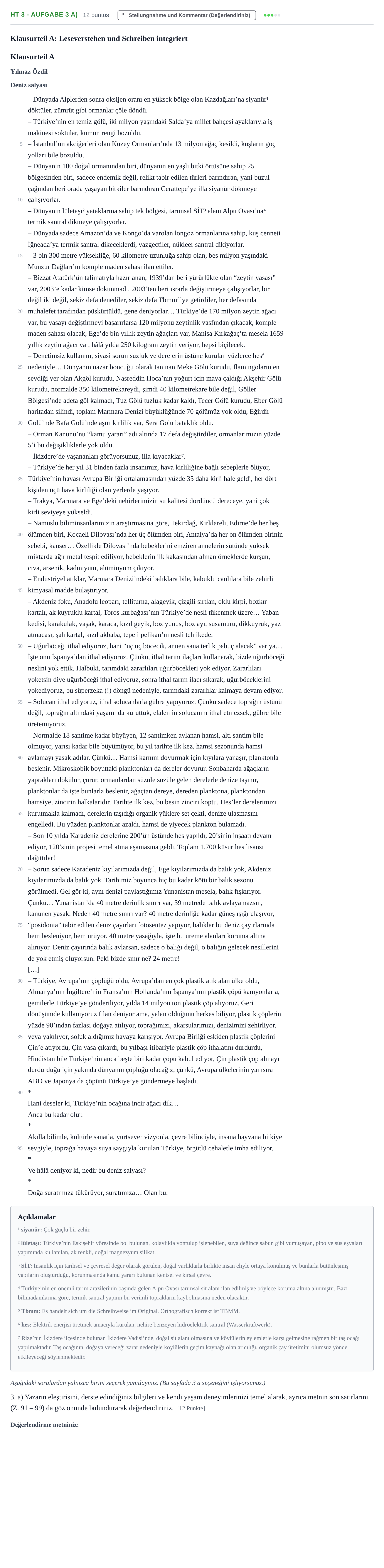 Aufgabenstellung: Aufgabe HT 3 - Aufgabe 3 a) · Abitur NRW Türkisch LK · Haupttermin · fortgeführt 2022
