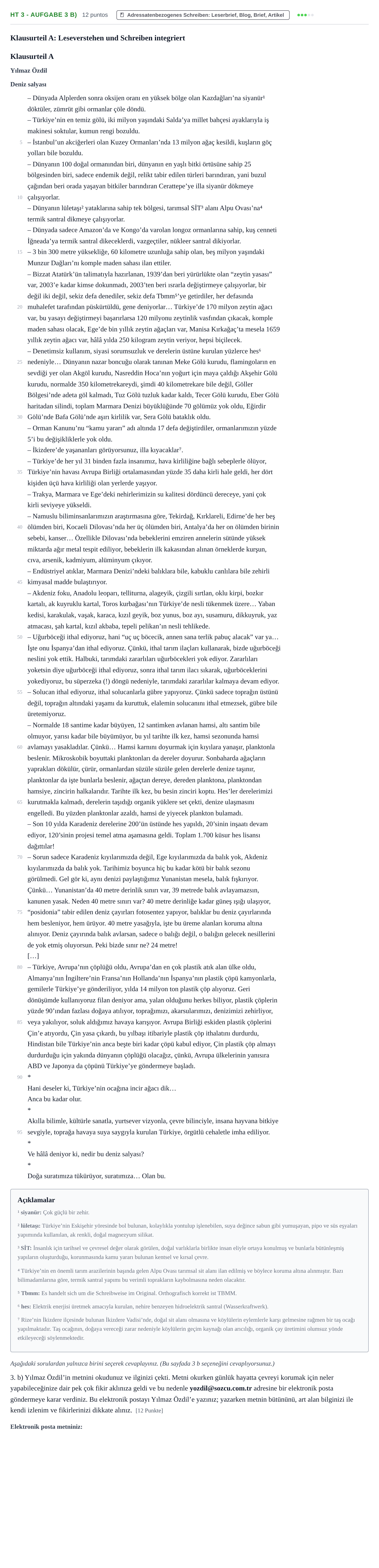 Aufgabenstellung: Aufgabe HT 3 - Aufgabe 3 b) · Abitur NRW Türkisch LK · Haupttermin · fortgeführt 2022