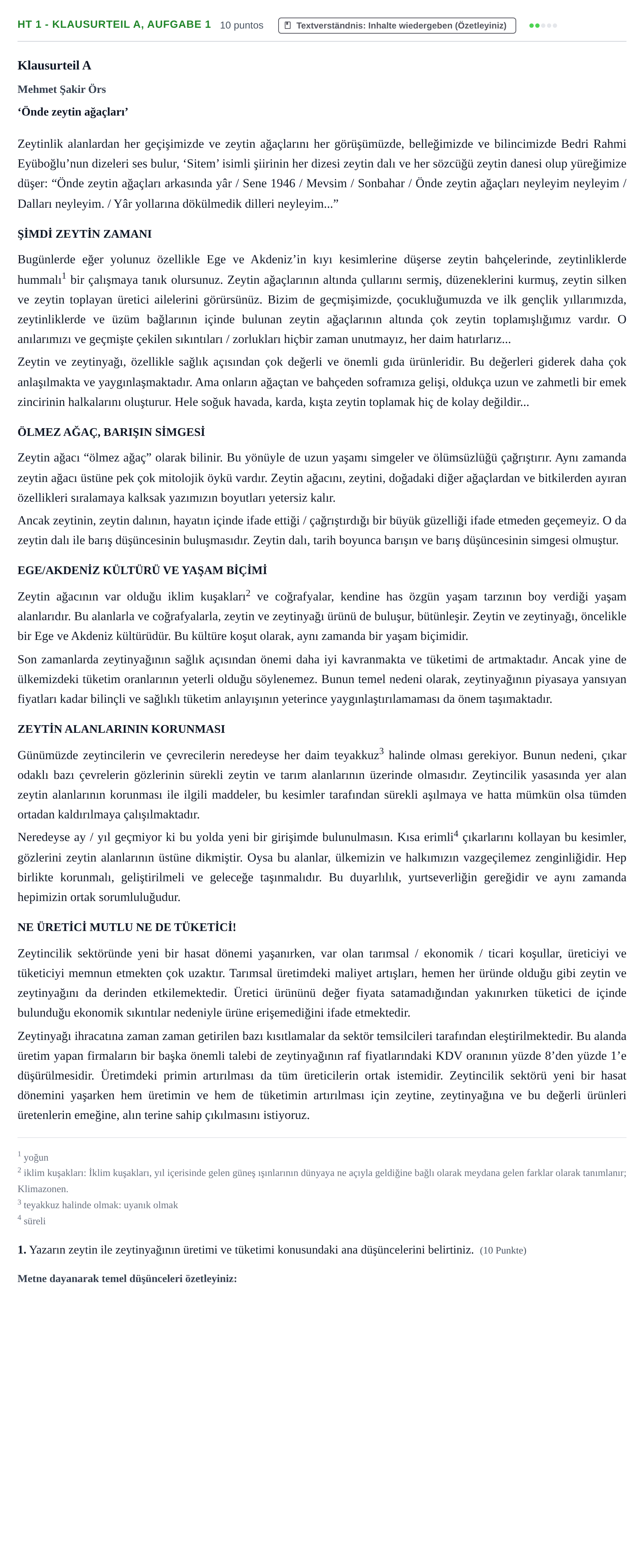 Aufgabenstellung: Aufgabe HT 1 - Klausurteil A, Aufgabe 1 · Abitur NRW Türkisch GK · Haupttermin · fortgeführt 2023