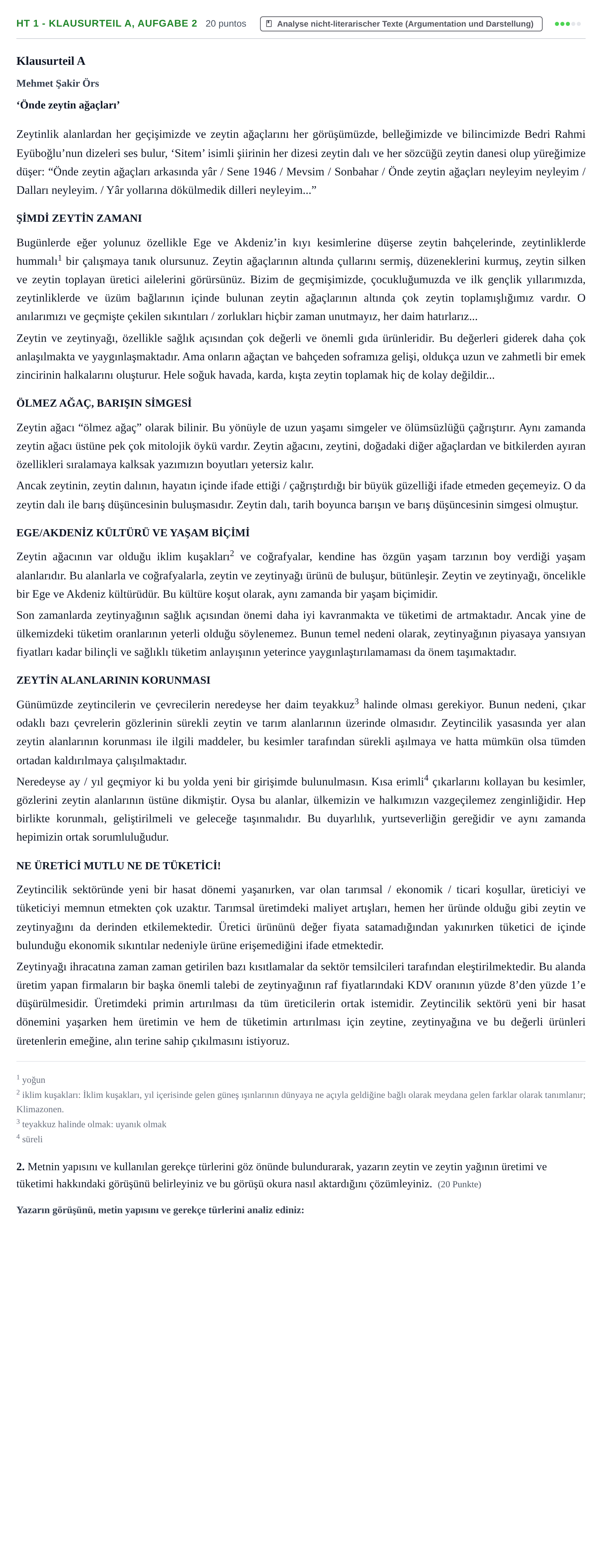 Aufgabenstellung: Aufgabe HT 1 - Klausurteil A, Aufgabe 2 · Abitur NRW Türkisch GK · Haupttermin · fortgeführt 2023