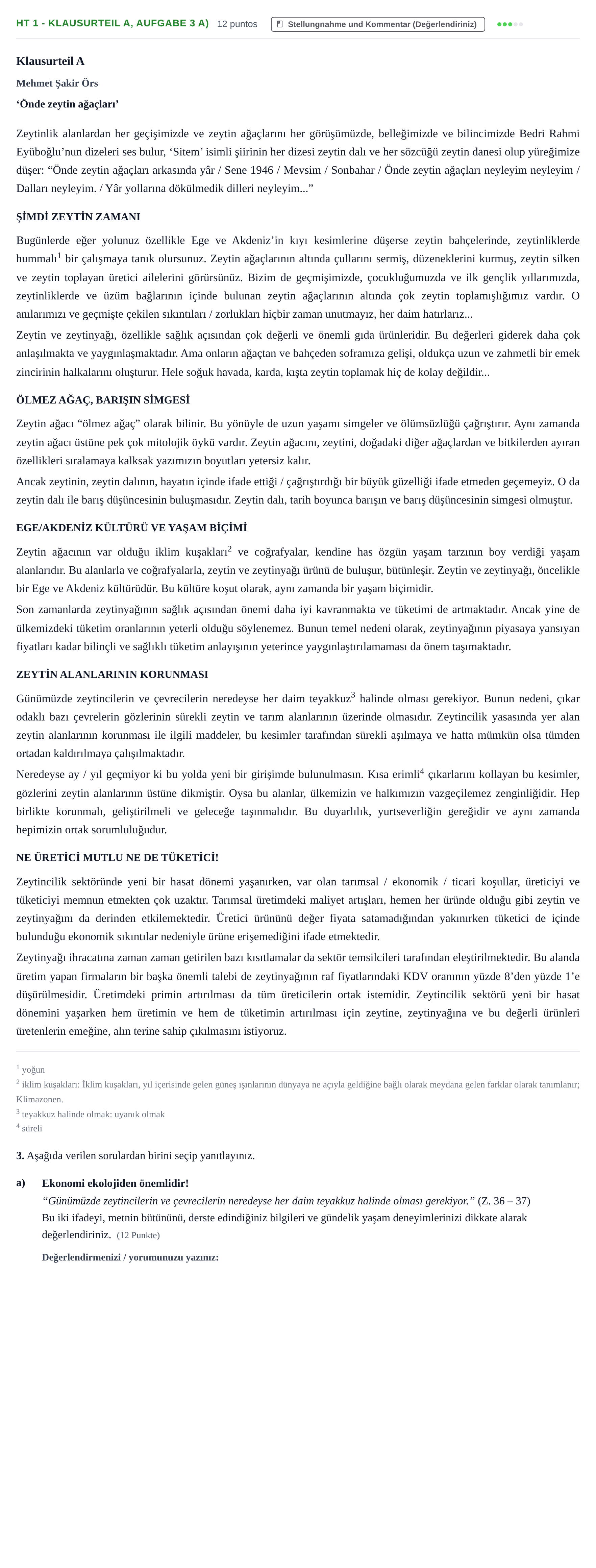 Aufgabenstellung: Aufgabe HT 1 - Klausurteil A, Aufgabe 3 a) · Abitur NRW Türkisch GK · Haupttermin · fortgeführt 2023