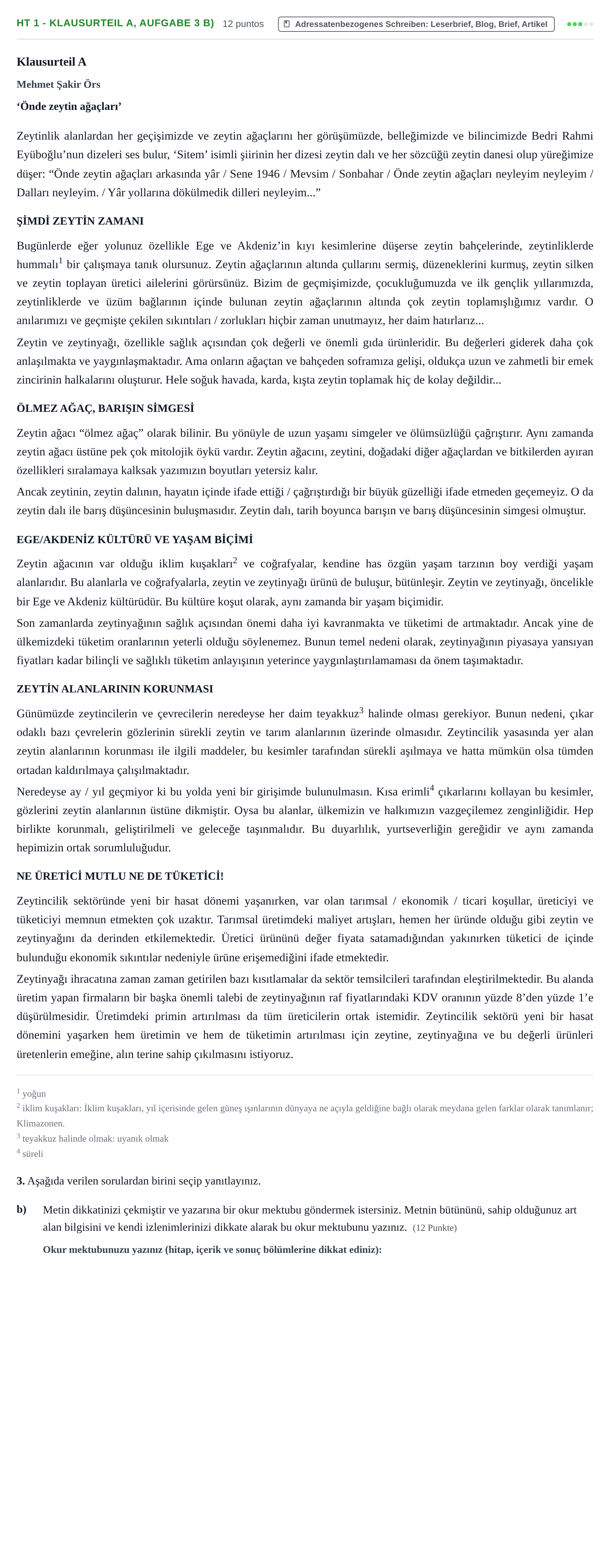 Aufgabenstellung: Aufgabe HT 1 - Klausurteil A, Aufgabe 3 b) · Abitur NRW Türkisch GK · Haupttermin · fortgeführt 2023
