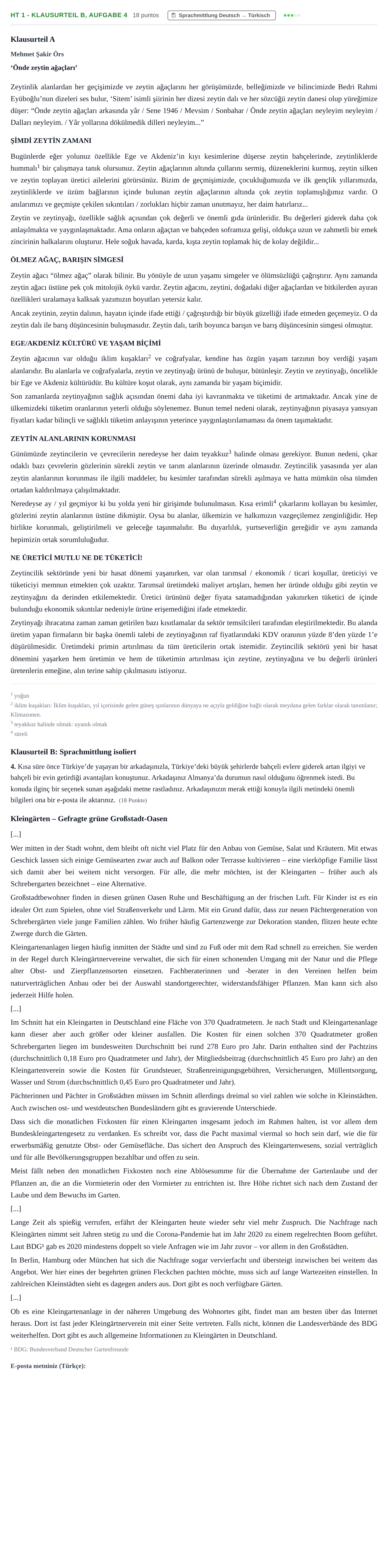 Aufgabenstellung: Aufgabe HT 1 - Klausurteil B, Aufgabe 4 · Abitur NRW Türkisch GK · Haupttermin · fortgeführt 2023