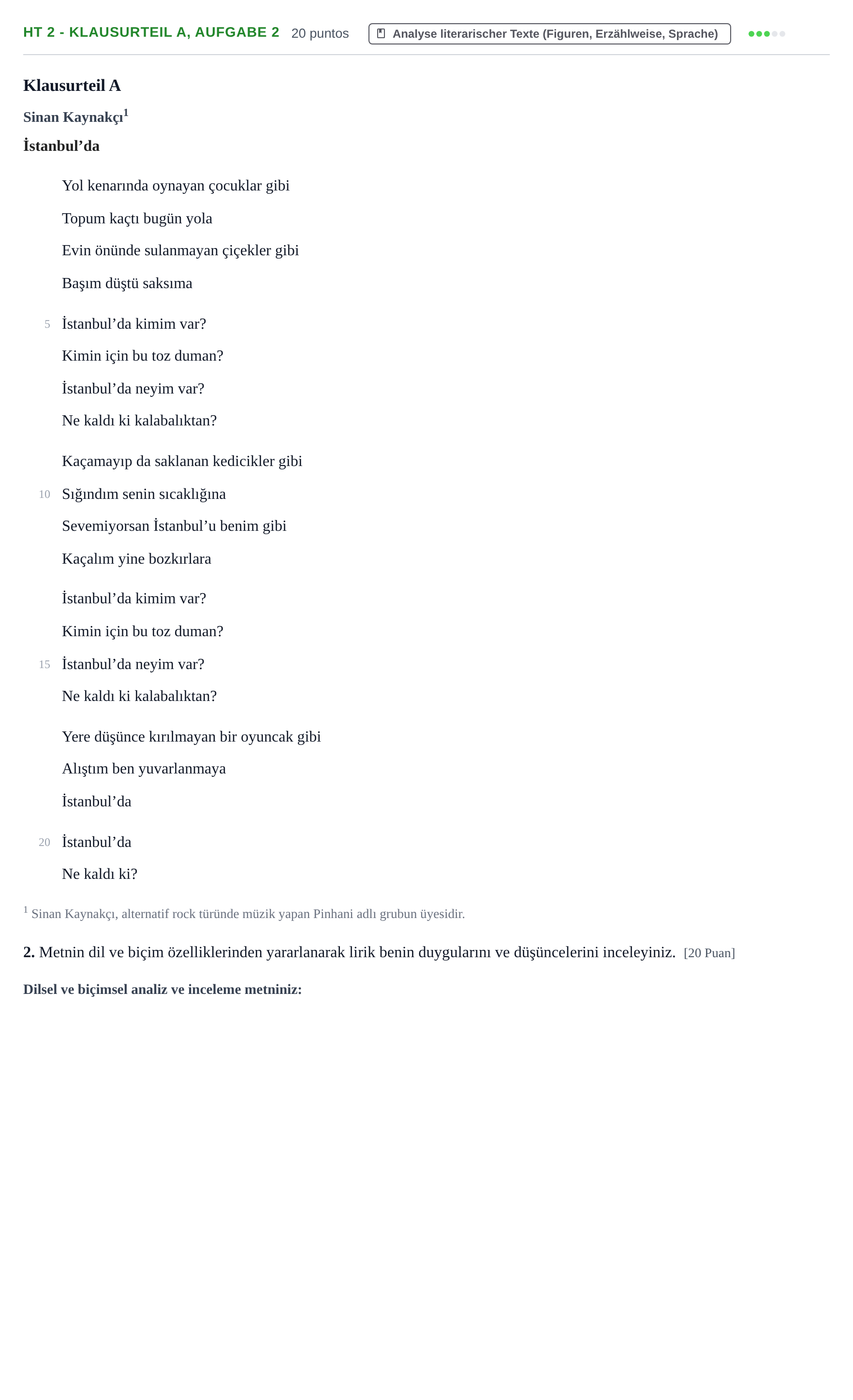 Aufgabenstellung: Aufgabe HT 2 - Klausurteil A, Aufgabe 2 · Abitur NRW Türkisch GK · Haupttermin · fortgeführt 2023