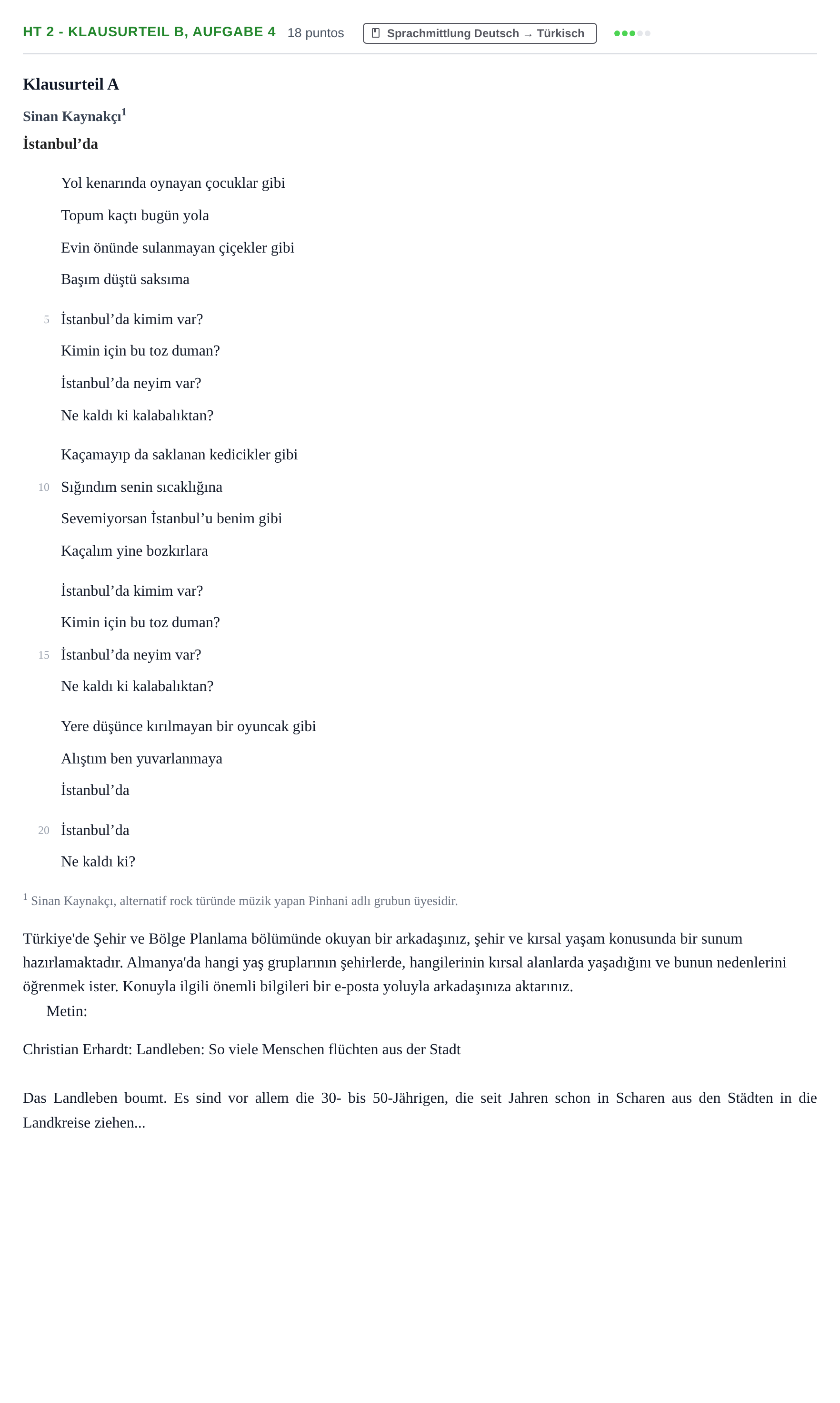Aufgabenstellung: Aufgabe HT 2 - Klausurteil B, Aufgabe 4 · Abitur NRW Türkisch GK · Haupttermin · fortgeführt 2023