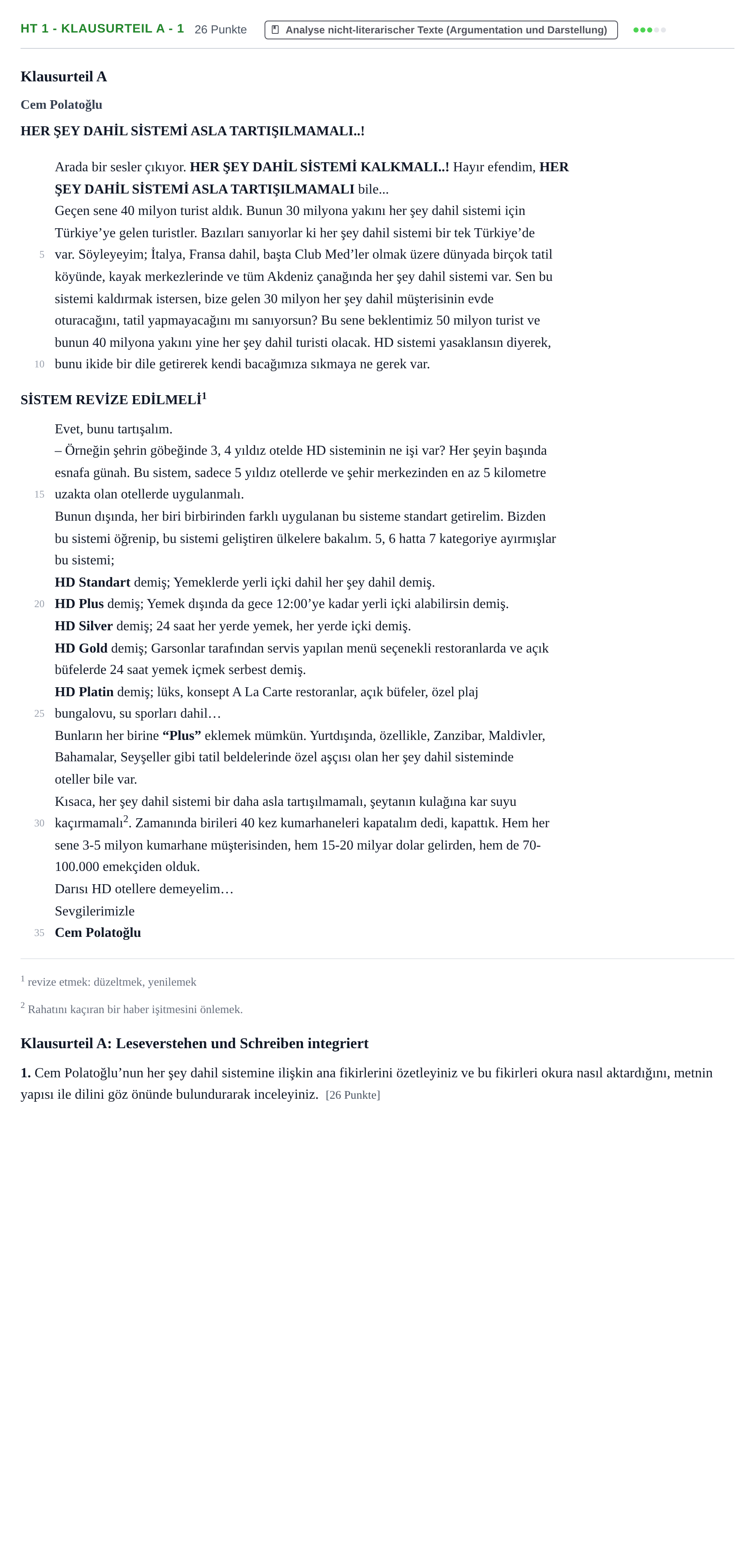 Aufgabenstellung: Aufgabe HT 1 - Klausurteil A - 1 · Abitur NRW Türkisch GK · Haupttermin · neu einsetzend 2023