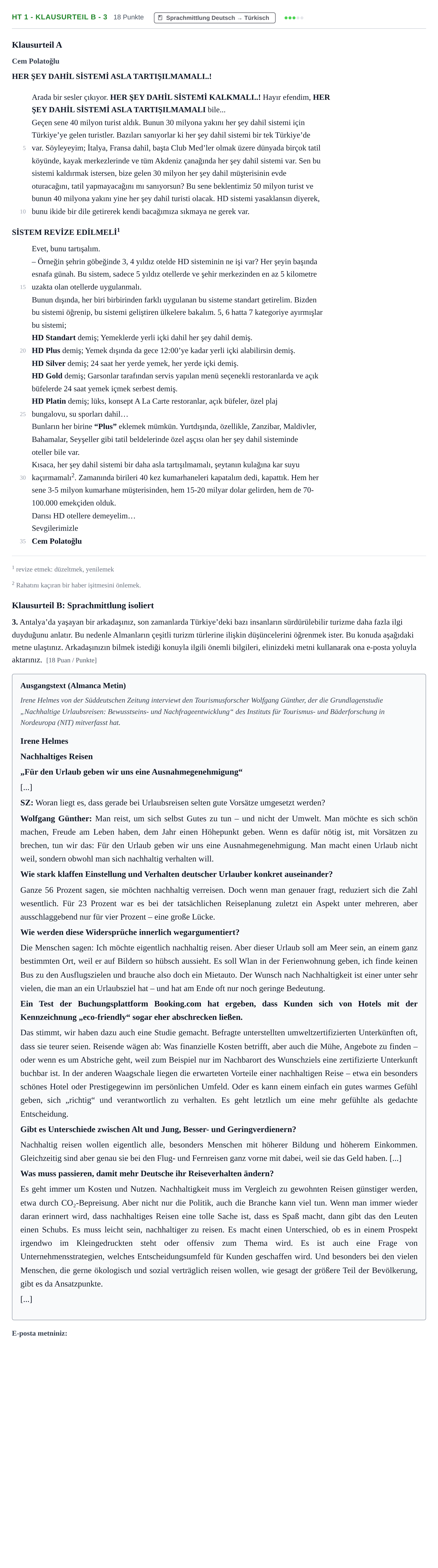 Aufgabenstellung: Aufgabe HT 1 - Klausurteil B - 3 · Abitur NRW Türkisch GK · Haupttermin · neu einsetzend 2023