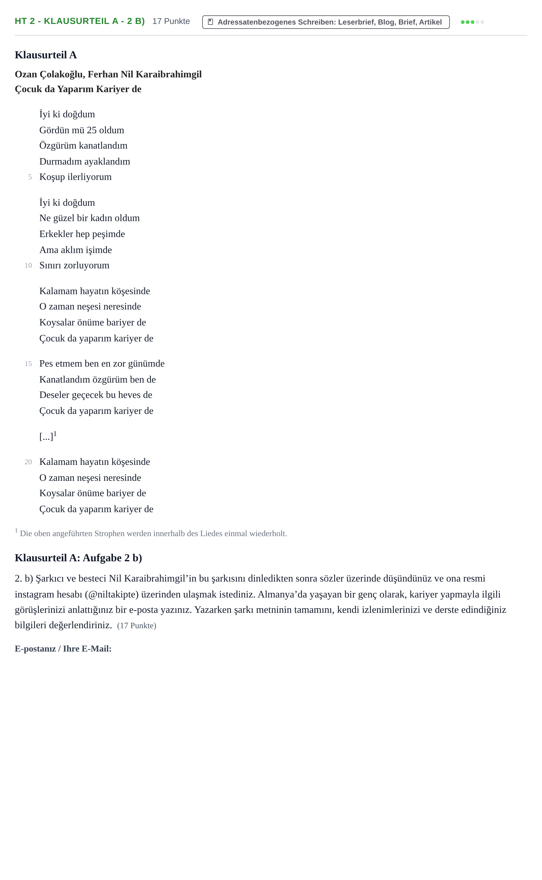 Aufgabenstellung: Aufgabe HT 2 - Klausurteil A - 2 b) · Abitur NRW Türkisch GK · Haupttermin · neu einsetzend 2023