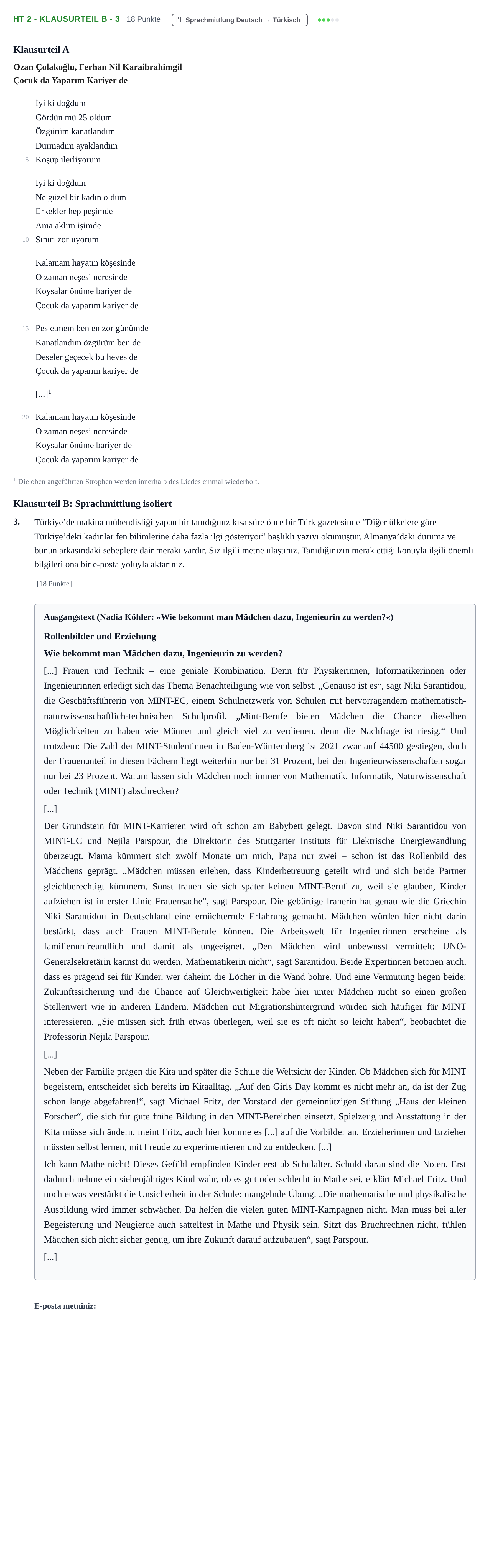 Aufgabenstellung: Aufgabe HT 2 - Klausurteil B - 3 · Abitur NRW Türkisch GK · Haupttermin · neu einsetzend 2023