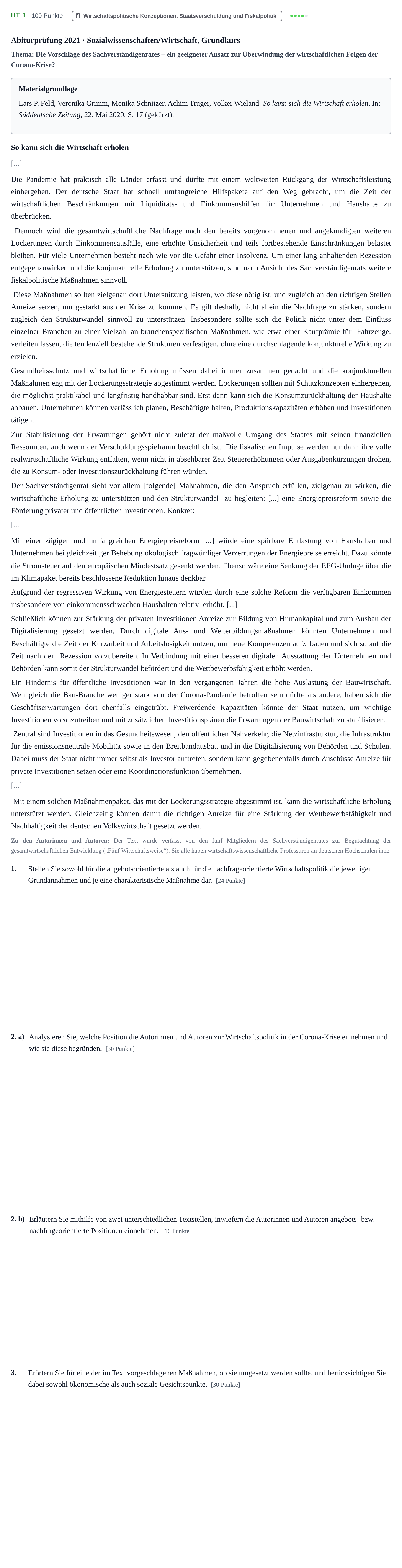 Aufgabenstellung: Aufgabe HT 1 · Abitur NRW Sozialwissenschaften GK · Haupttermin · Wirtschaft 2021
