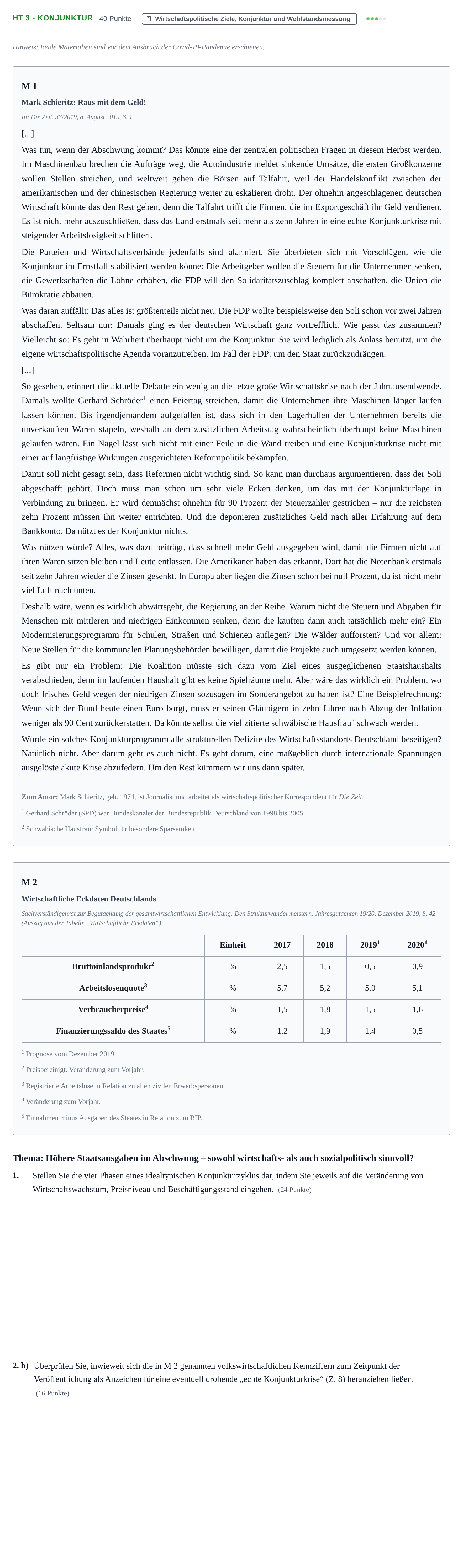 Aufgabenstellung: Aufgabe HT 3 - Konjunktur · Abitur NRW Sozialwissenschaften GK · Haupttermin · Wirtschaft 2021