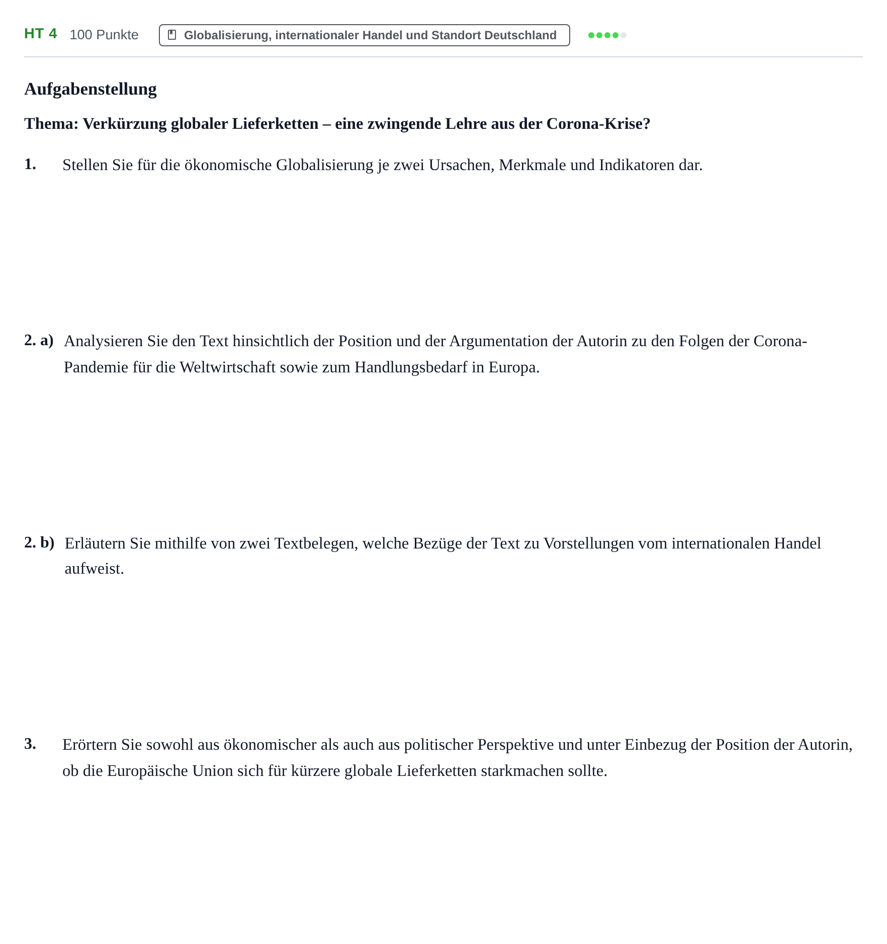 Aufgabenstellung: Aufgabe HT 4 · Abitur NRW Sozialwissenschaften GK · Haupttermin · Wirtschaft 2021