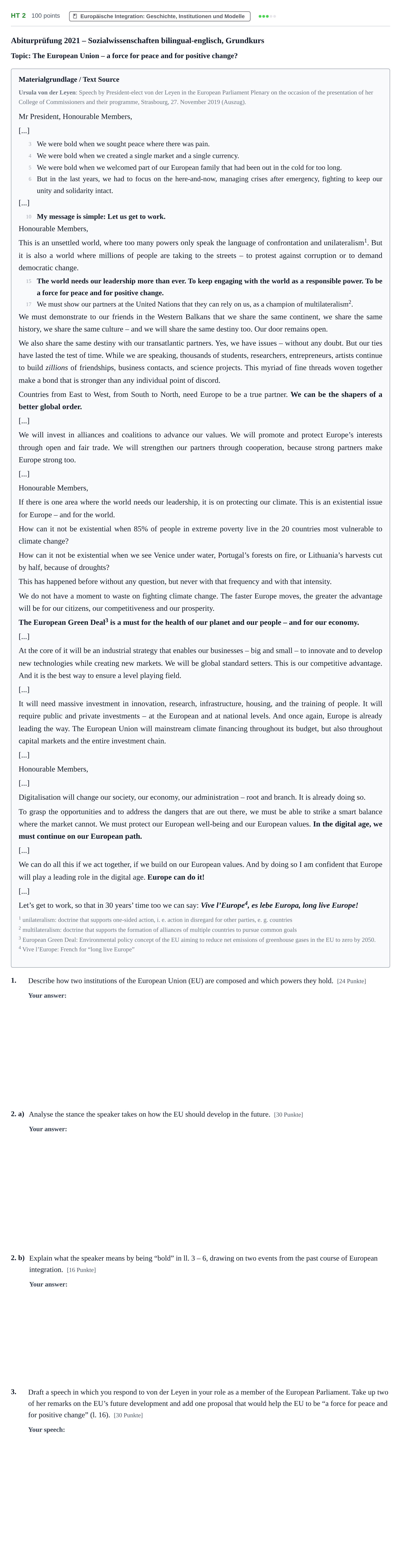 Aufgabenstellung: Aufgabe HT 2 · Abitur NRW Sozialwissenschaften GK · Haupttermin · bilingual Englisch 2021