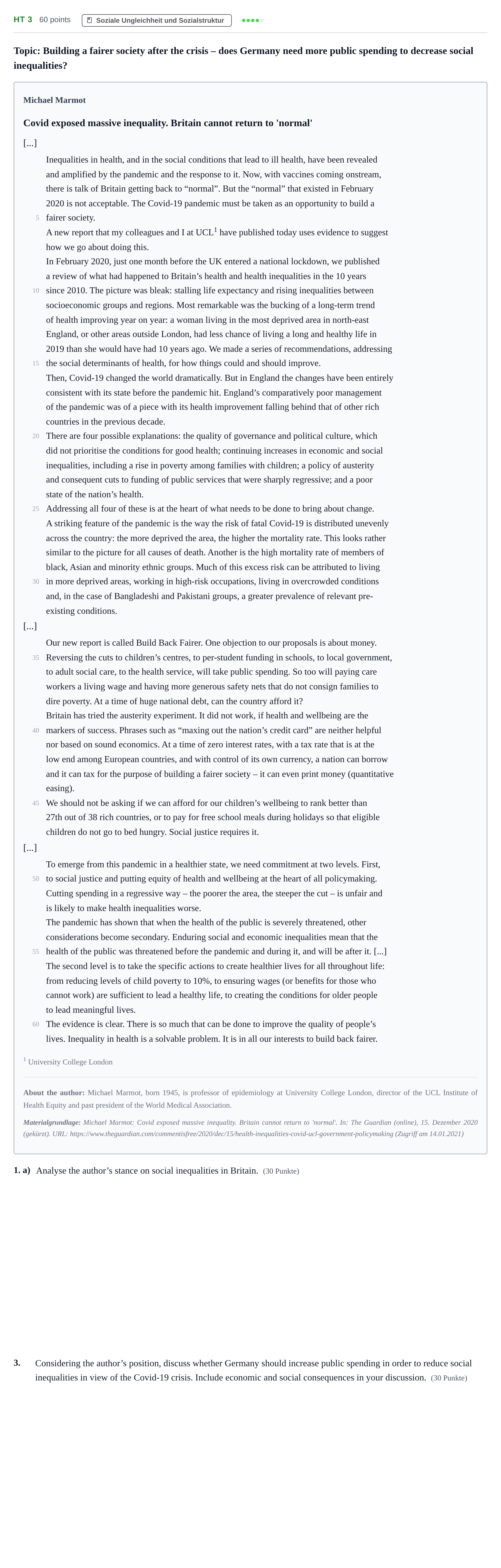 Aufgabenstellung: Aufgabe HT 3 - Soziale Ungleichheit · Abitur NRW Sozialwissenschaften GK · Haupttermin · bilingual Englisch 2021