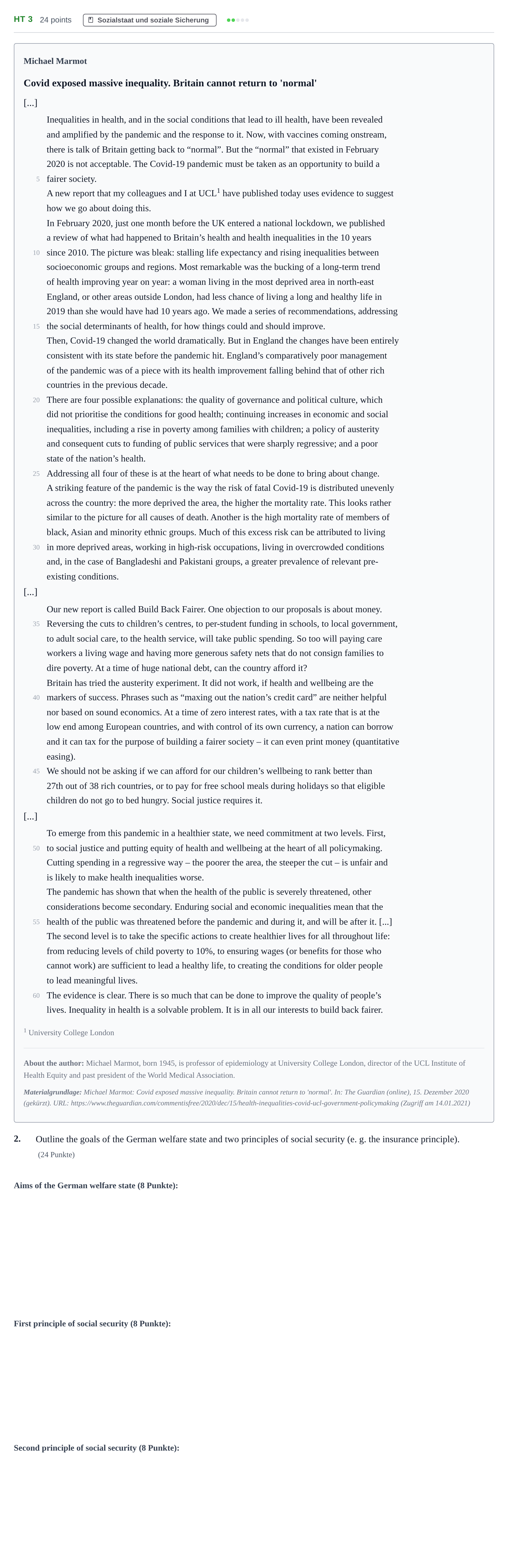 Aufgabenstellung: Aufgabe HT 3 - Sozialstaat · Abitur NRW Sozialwissenschaften GK · Haupttermin · bilingual Englisch 2021
