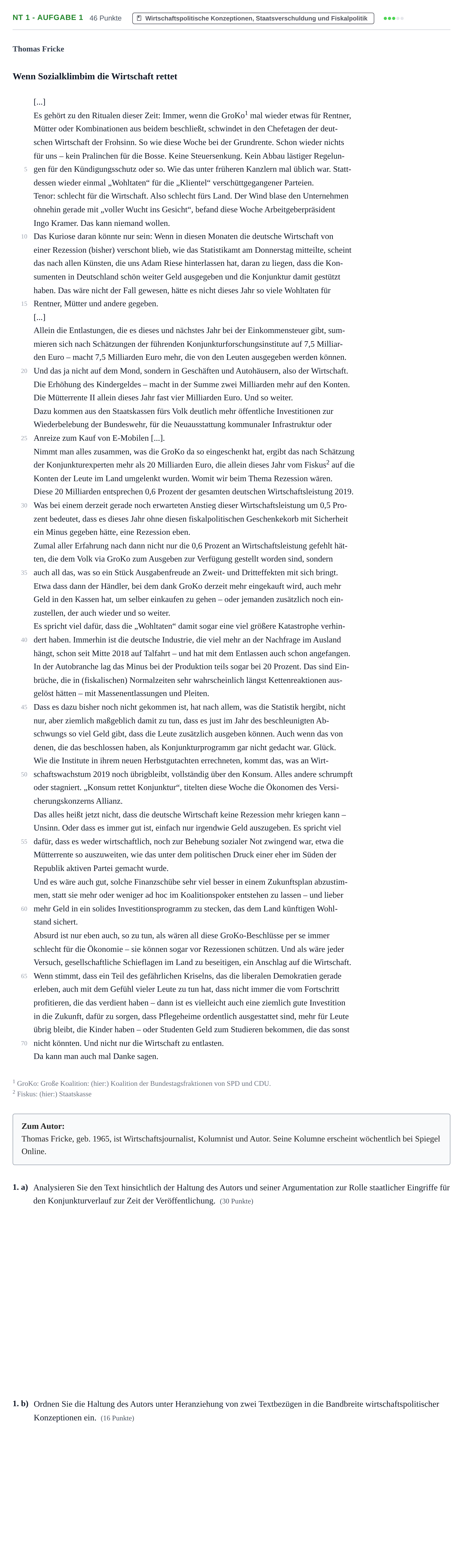 Aufgabenstellung: Aufgabe NT 1 - Aufgabe 1 · Abitur NRW Sozialwissenschaften GK · Nachtermin 2021
