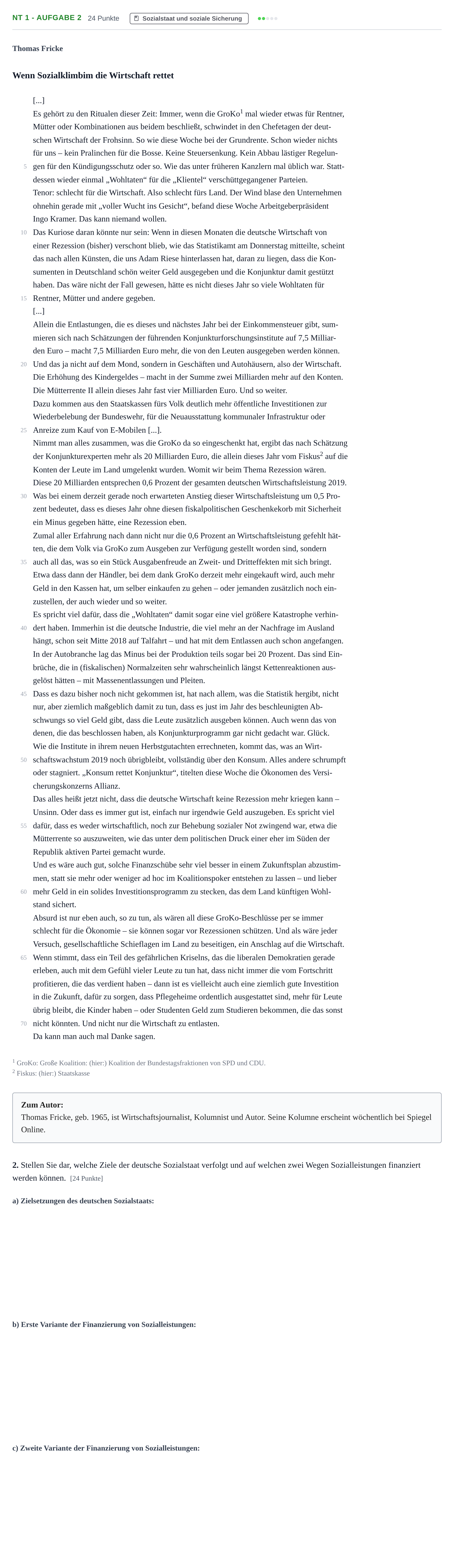 Aufgabenstellung: Aufgabe NT 1 - Aufgabe 2 · Abitur NRW Sozialwissenschaften GK · Nachtermin 2021