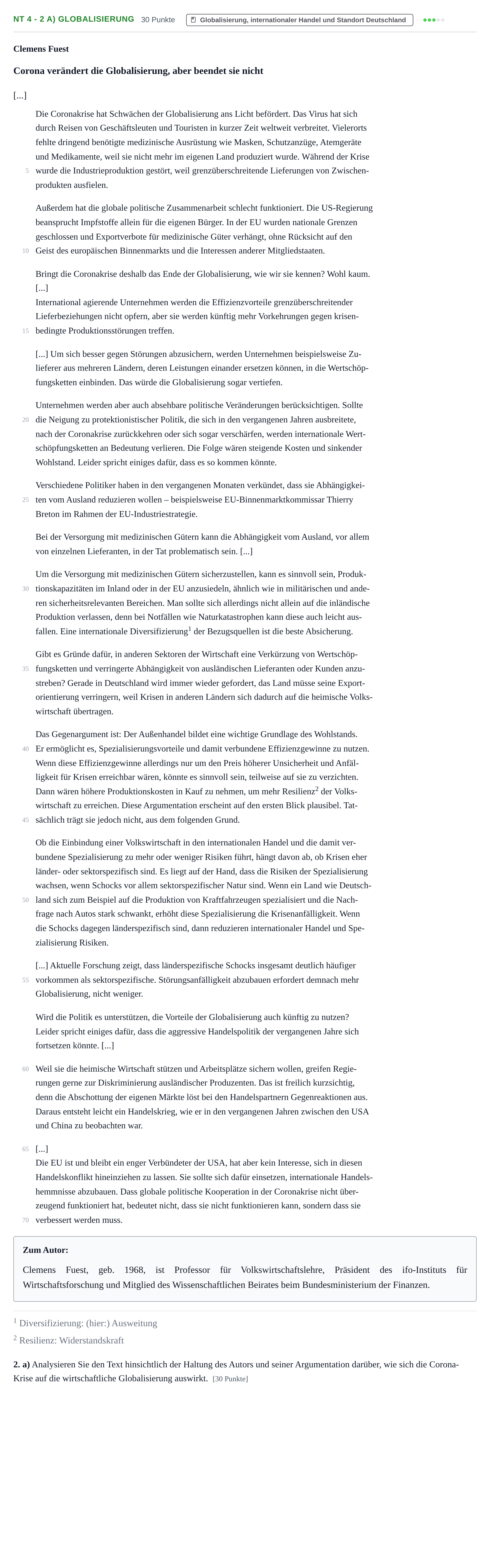 Aufgabenstellung: Aufgabe NT 4 - 2 a) Globalisierung · Abitur NRW Sozialwissenschaften GK · Nachtermin 2021