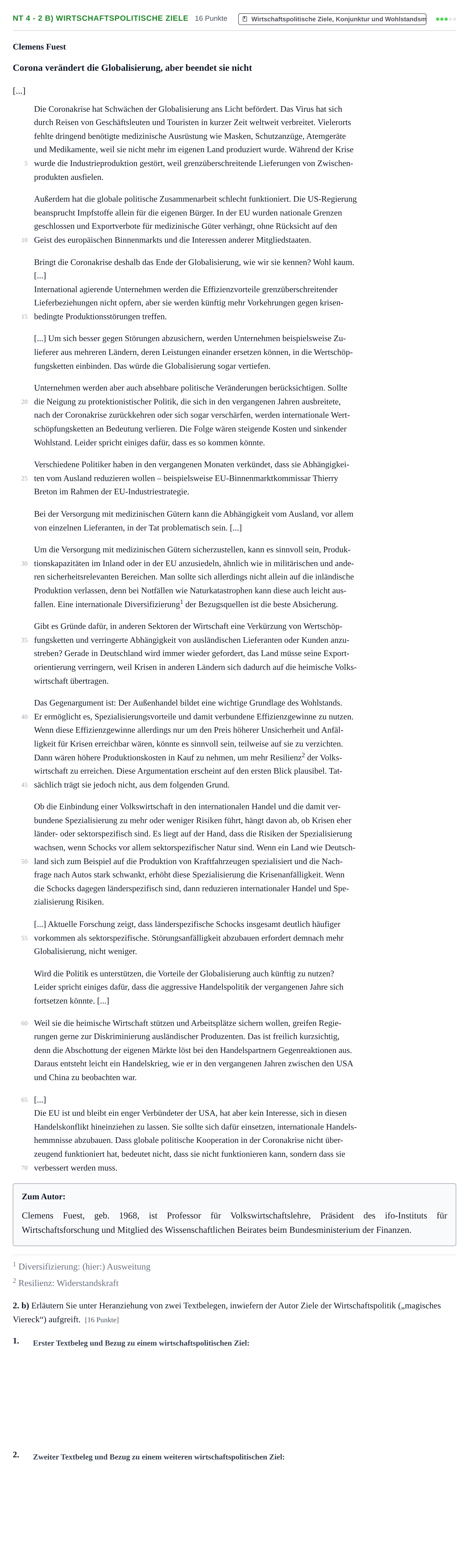 Aufgabenstellung: Aufgabe NT 4 - 2 b) Wirtschaftspolitische Ziele · Abitur NRW Sozialwissenschaften GK · Nachtermin 2021