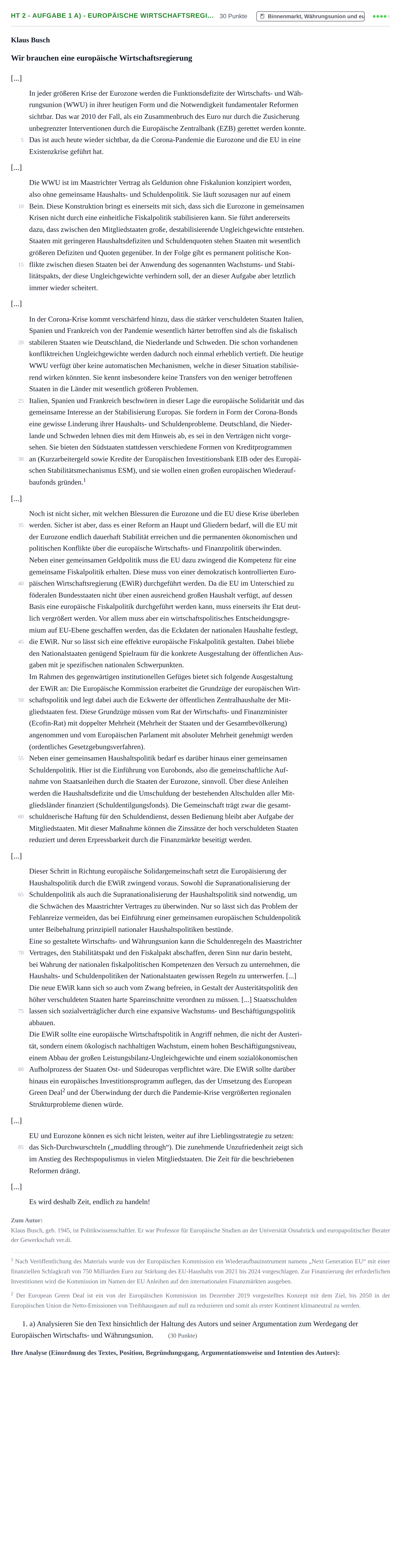 Aufgabenstellung: Aufgabe HT 2 - Aufgabe 1 a) - Europäische Wirtschaftsregi… · Abitur NRW Sozialwissenschaften LK · Haupttermin · Wirtschaft 2021