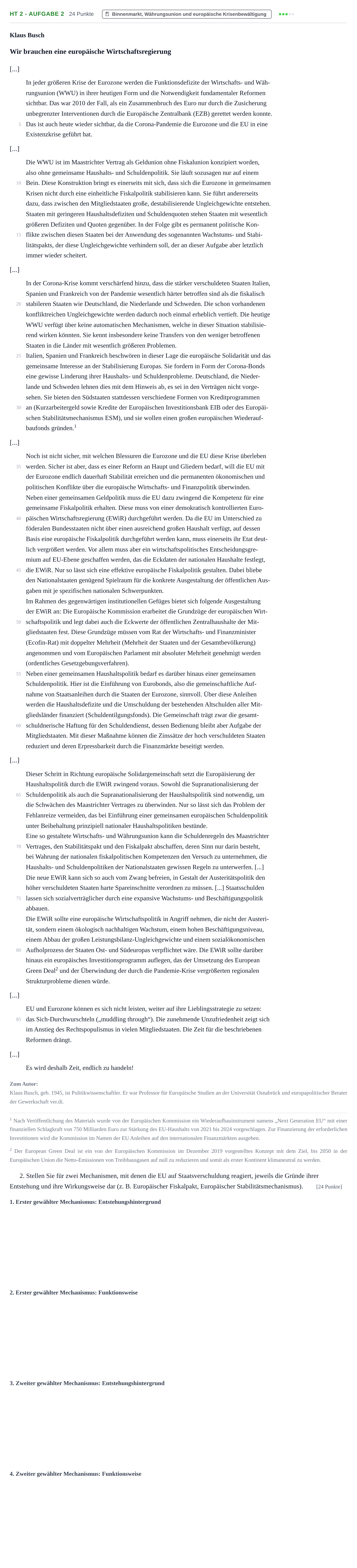 Aufgabenstellung: Aufgabe HT 2 - Aufgabe 2 · Abitur NRW Sozialwissenschaften LK · Haupttermin · Wirtschaft 2021