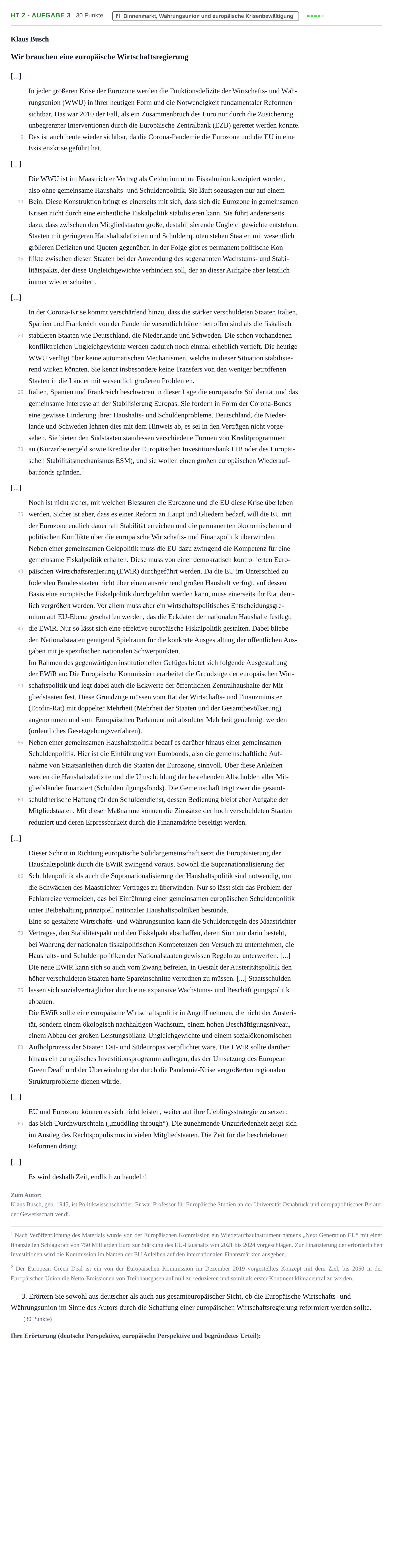 Aufgabenstellung: Aufgabe HT 2 - Aufgabe 3 · Abitur NRW Sozialwissenschaften LK · Haupttermin · Wirtschaft 2021